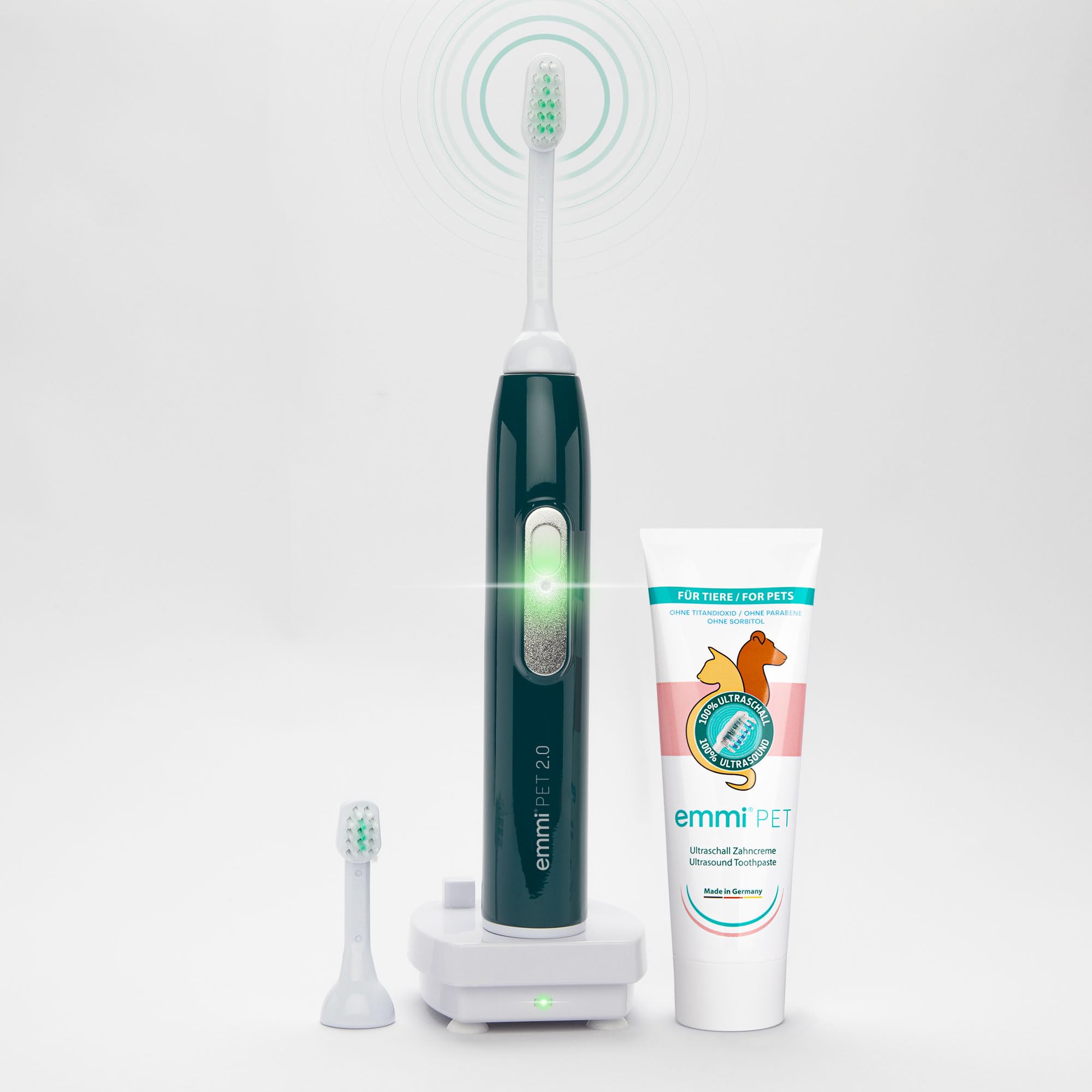 emmi-pet 2.0 Set de Cuidado Dental Inicial para Perros y Gatos - Silencioso y sin Frotar I Cepillo Ultrasónico para Perros y Gatos + Accesorios I Combate el Sarro, el Mal Aliento y la Gingivitis