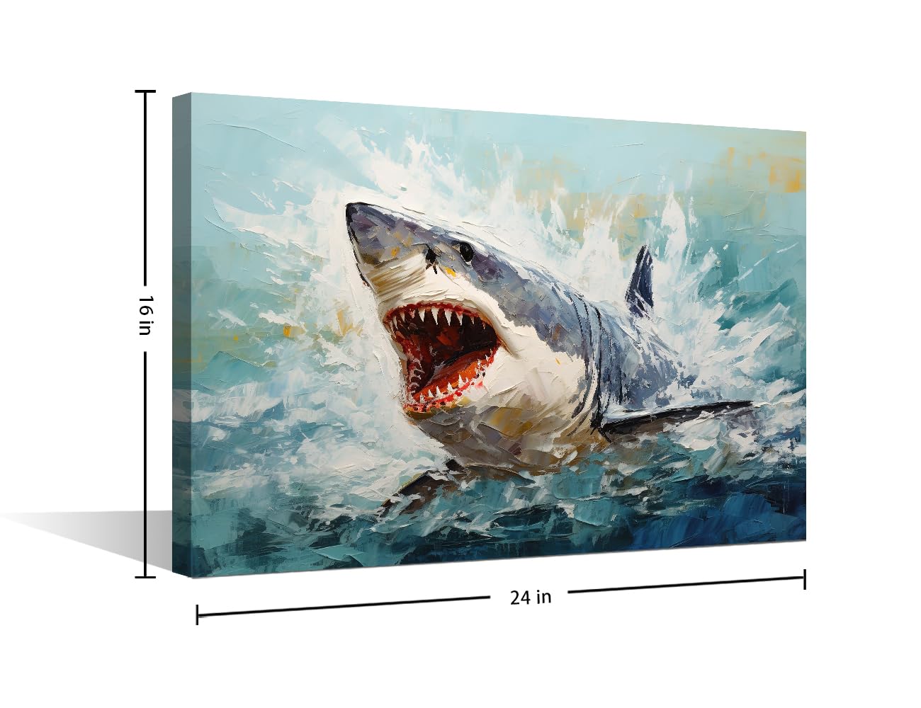 Painting of a Shark with Open Mouth Prints Poster Canvas Wall Art Home Decor for Living Room Animal Wallpaper Oil Painting Wall Decor Framed Ready to Hang (24"W x 16"H) - Image 2