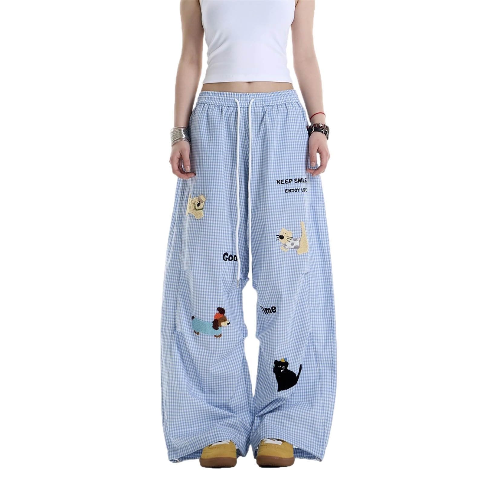 Damen-Freizeithose, lockere Passform, Karomuster, weites Bein, elastisch, hohe Taille, gerade Hose mit Taschen, volle Länge, Sommer, Freizeithose, süße Neuheit 2026, Palazzo-Hose für Damen