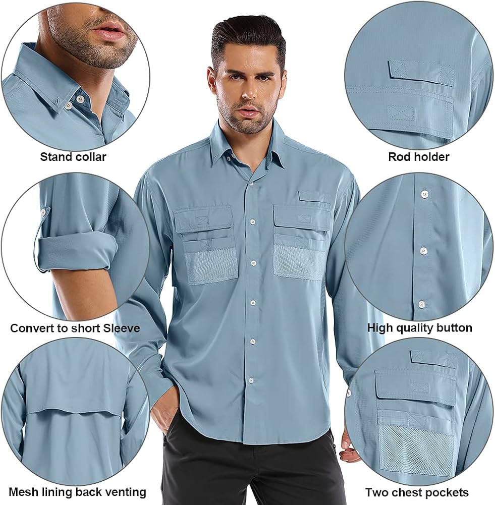 Hubunucc Mens Long Sleeve Fishing Shirt uv Protection Safari Button Down Hiking Shirts for Men Quick Dry Camping Travelling