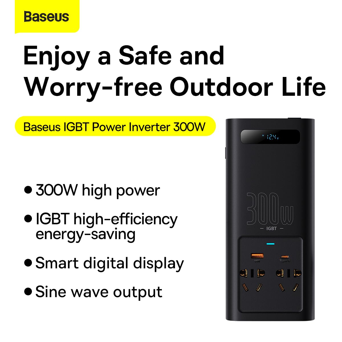 Baseus Inwerter samochodowy IGBT 300 W/220 V (C+U + podwójna wtyczka UE) z kablami zaciskowymi 12 V (0,40 m) i kablem gniazda zapalniczki (0,60 m), czarny (CGNB010101)