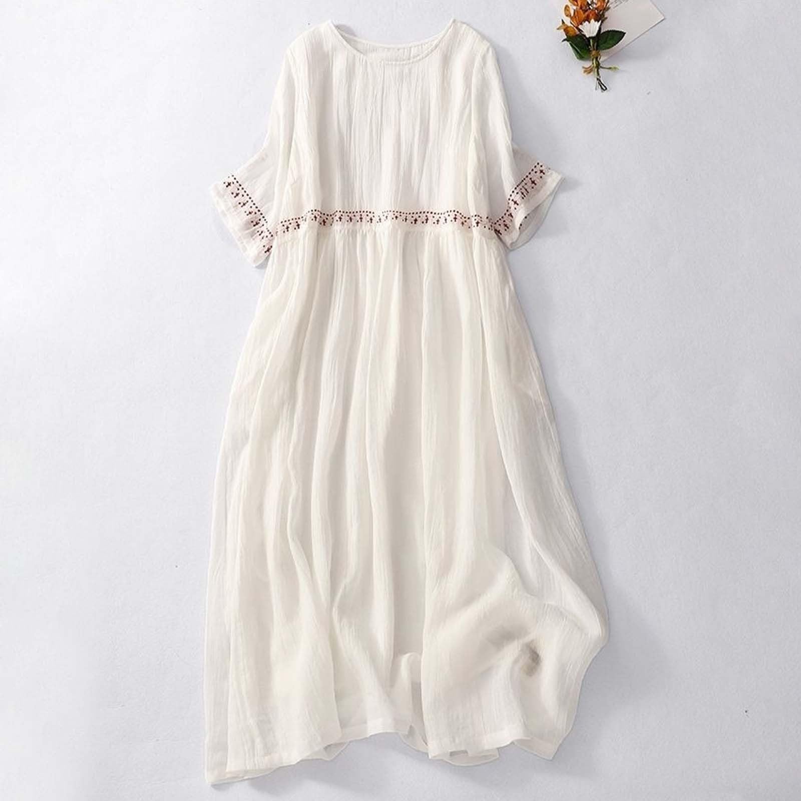 Letnia sukienka maxi plus size styl boho haft bawełna len krótki rękaw płynąca midi