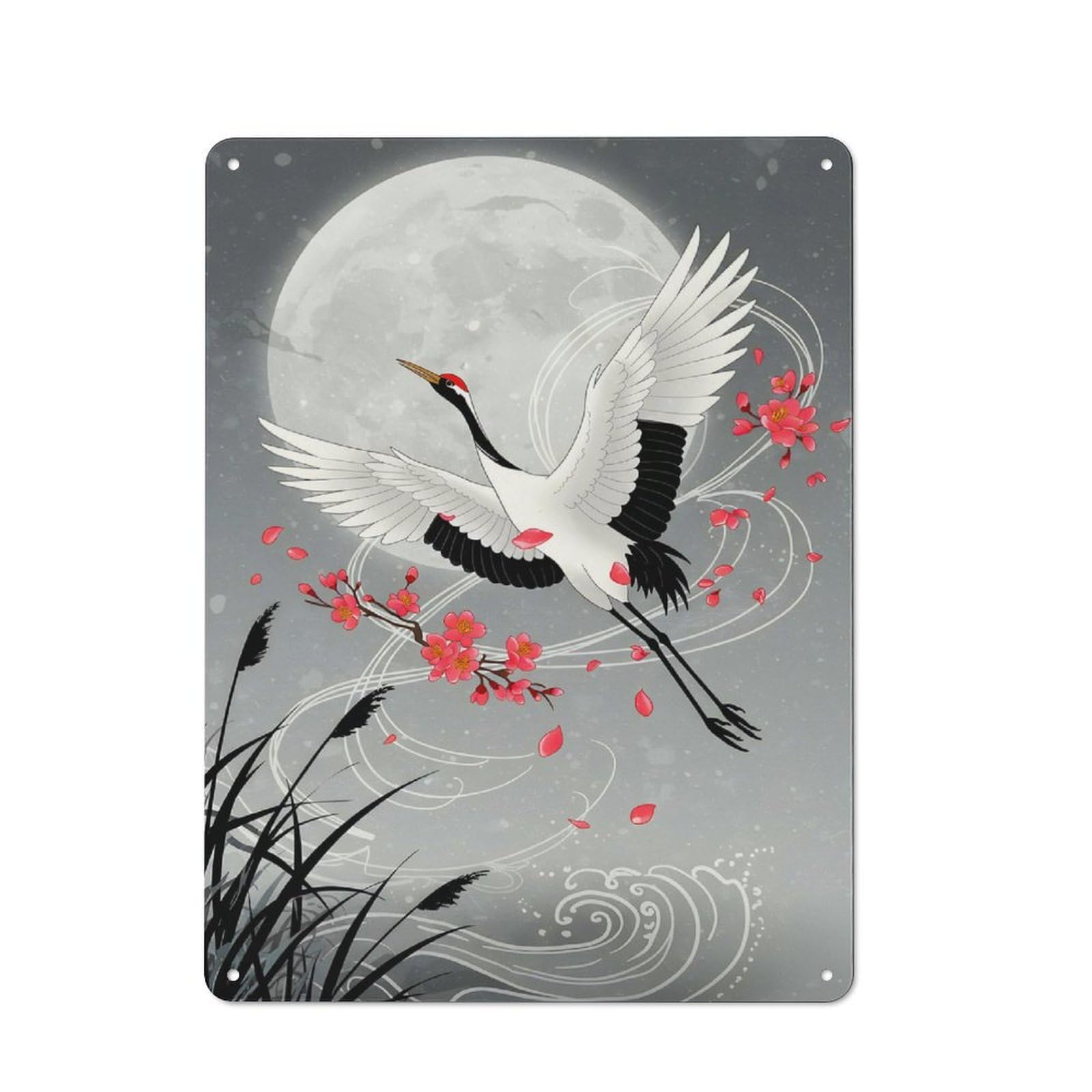 Crane in Flight with Cherry Blossoms Rustic Metal Wall Decor 40x30cm, Decorative Metal Plaque for Shed, Garden Room, Porch Or Garage
