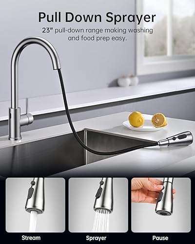 Miniatura 20 de Grifo de fregadero de cocina con rociador desplegable con placa de cubierta, grifo de arco alto de níquel cepillado, grifos modernos de acero Níquel