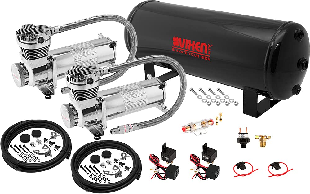 Vixen Air Suspension Kit for Truck/Car Bag/Air Ride/Spring. On Board System- Dual 200psi Compressor, 3 Gallon Tank. For Boat Lift,Towing,Lowering,Load Leveling,Bags,Onboard Train Horn VXO4831DC