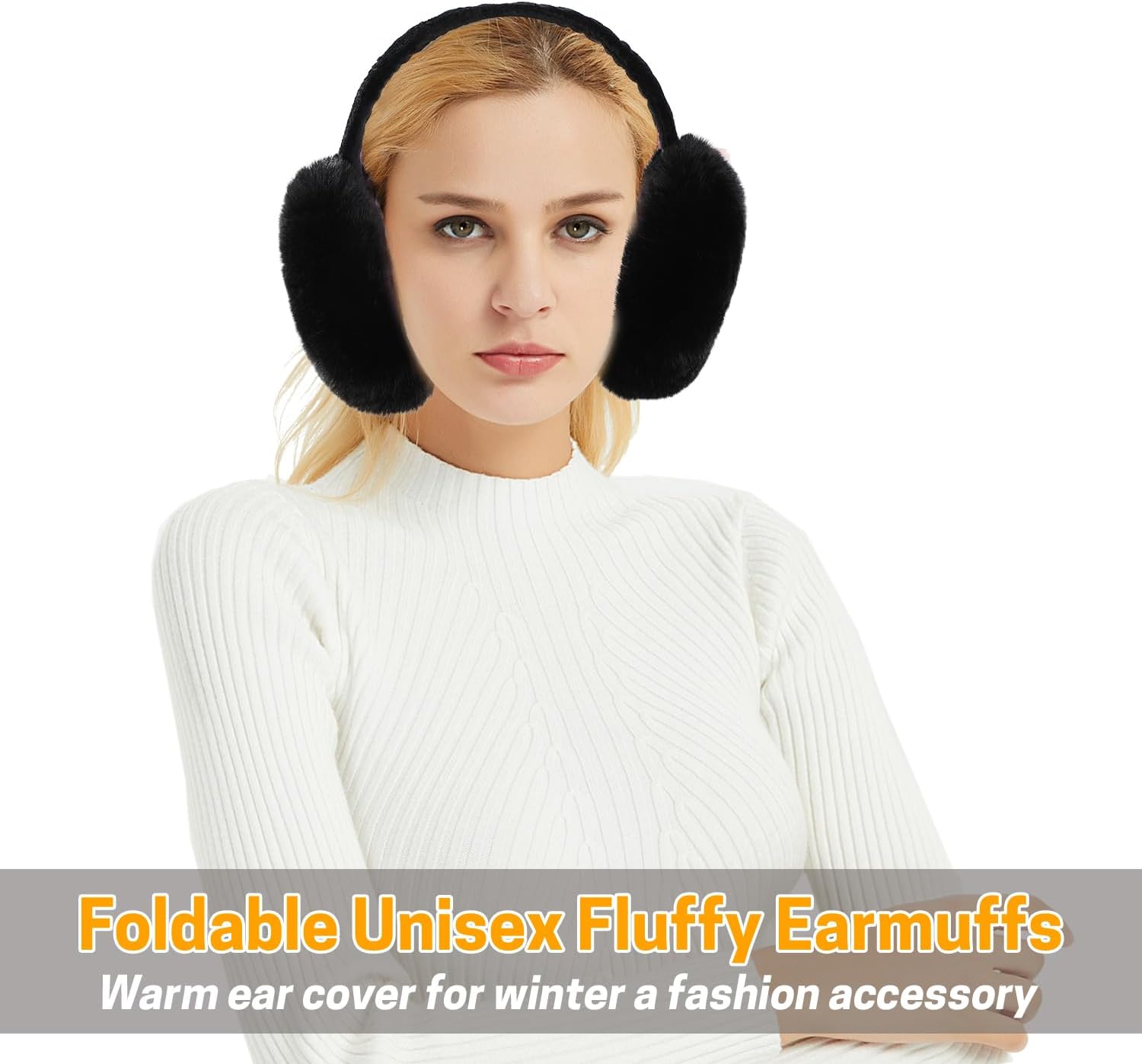 GNEGNI Women Winter Fluffy Ear Muffs, Foldable Windproof Earmuffs Adjustable Outdoor Earmuff Unisex Soft Faux Fur Ear Covers