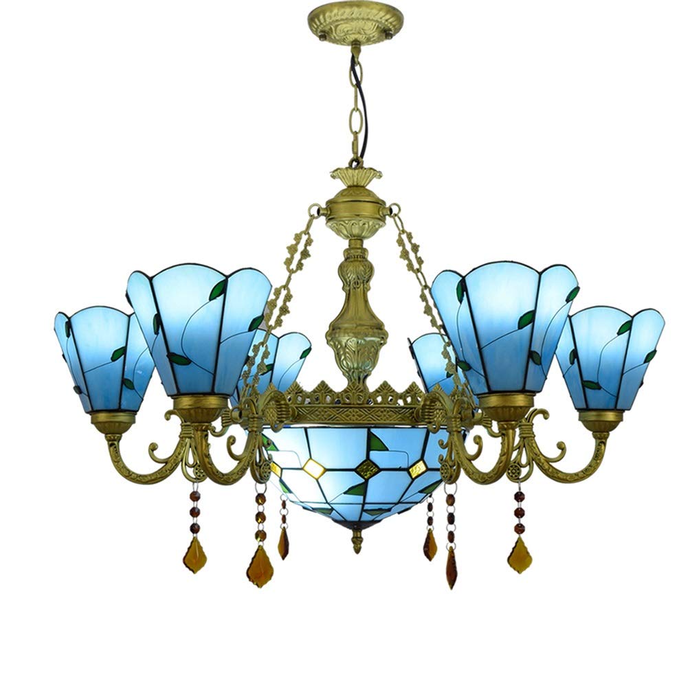METTEOR Ceiling Pendant Light Fixture 32" Tiffany Style Green Leaves Lamp Stained Glass Shades 6 Arm Chandelier With 12 Inches Inverted Ceiling Pend