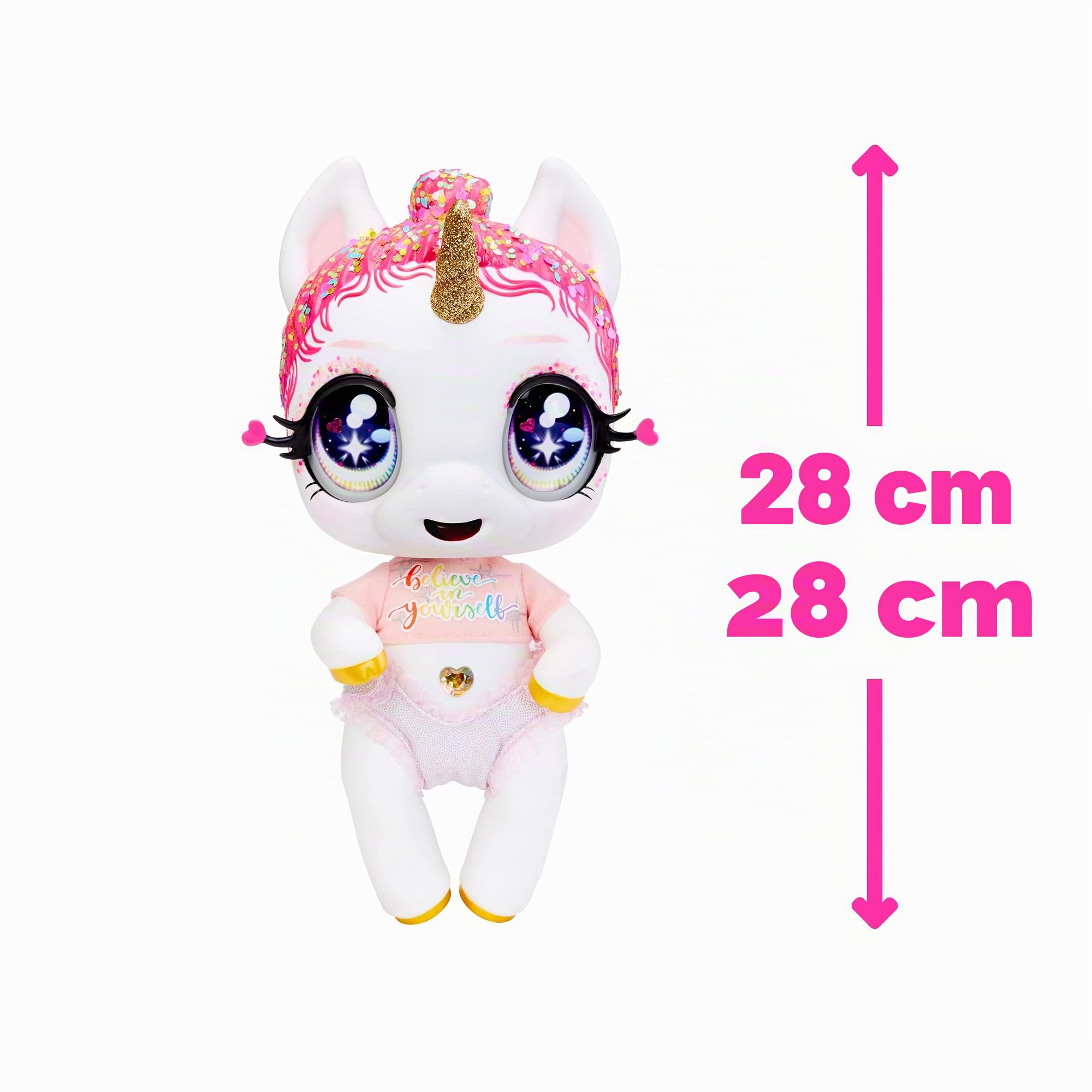 Glitter Babyz, MGA Unicorn Baby Muñequita, LUNITA Sky, con Cambio de Color, Camiseta Believe in Yourself, Botella de champú y Chupete, Edad a Partir de 3 años, White Rainbow