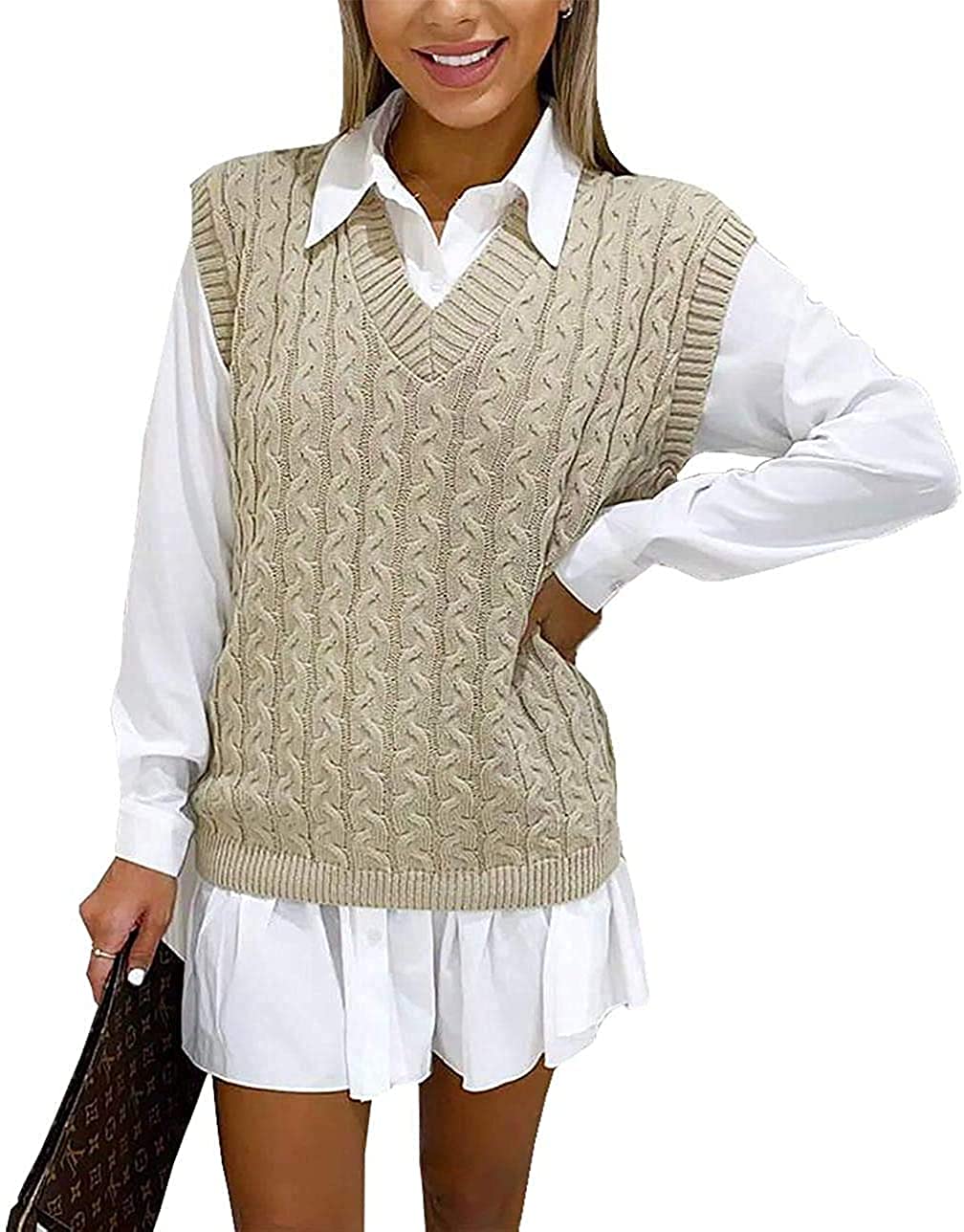 New Women's Ladies Cable Knit Sleeveless Vest Knitted Jumper Tank Top Winter Sweater (Stone, L)