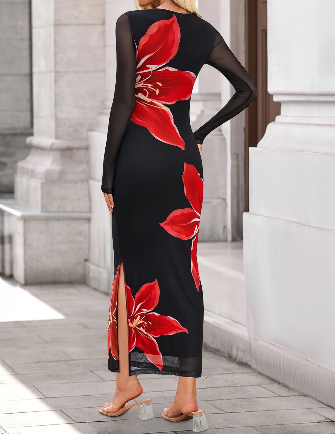 ZESICA Women's Long Sleeve Floral Maxi Dresses 2026 Fall Bodycon Crewneck Side Slit Ruched Fitted Party Long Dress - Image 5