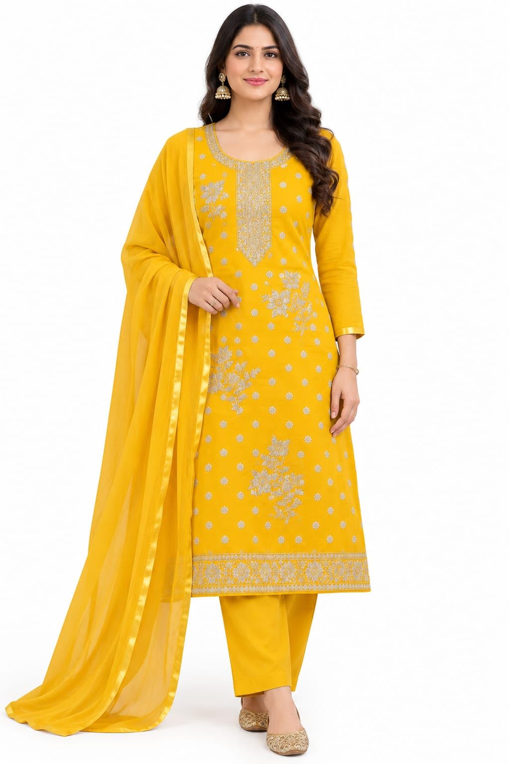 Women's Yellow banarasi Kurta Pant with Dupatta Set-image-13