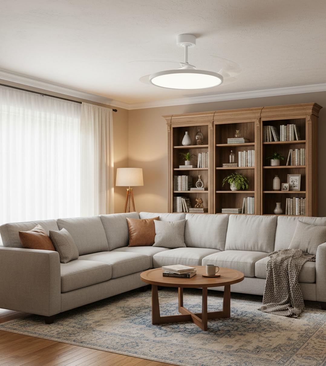 BEL AIR HOME - Ventilatore da soffitto SLIM - Motore DC silenzioso - Pale pieghevoli - Luce LED 36W regolabile 3000K-6500K - Telecomando incluso - Design moderno, Bianco