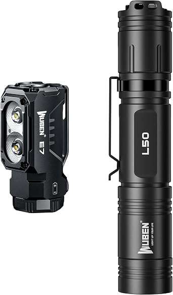 WUBEN E7 1800 Lumen Rechargeable Mini Flashlight with Magnet Bundle L50 Tactical Flashlight, 1200 High Lumens Flashlight Rechargeable, LED Flash Light IP68 Waterproof with 5 Mode