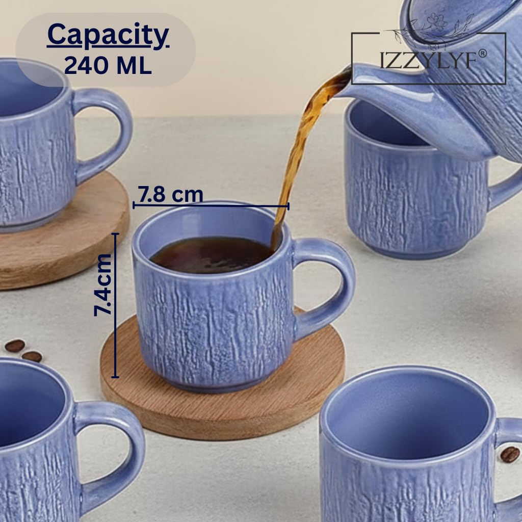 IZZYLYF 'Sky Stone Classic Blue' Ceramic Tea Cups Set of 6, 240 ml Each, Microwave and Dishwasher Safe Tea Coffee Cups with Handle, Ideal for Home, Kitchen, Office, Cafe and Gifting Use 1