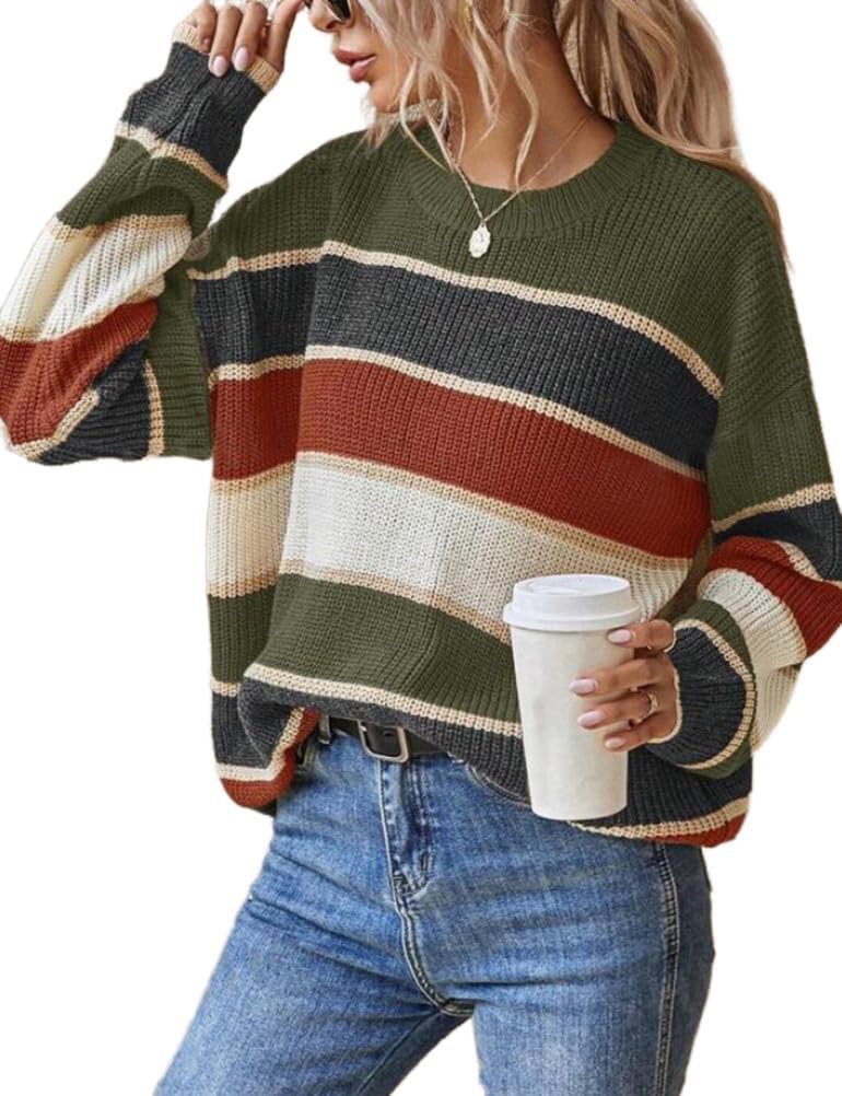 Striped Knit Sweater for Women Fall Winter Casual Trendy Crewneck Pullover Color Block Sweaters Y2k Tops