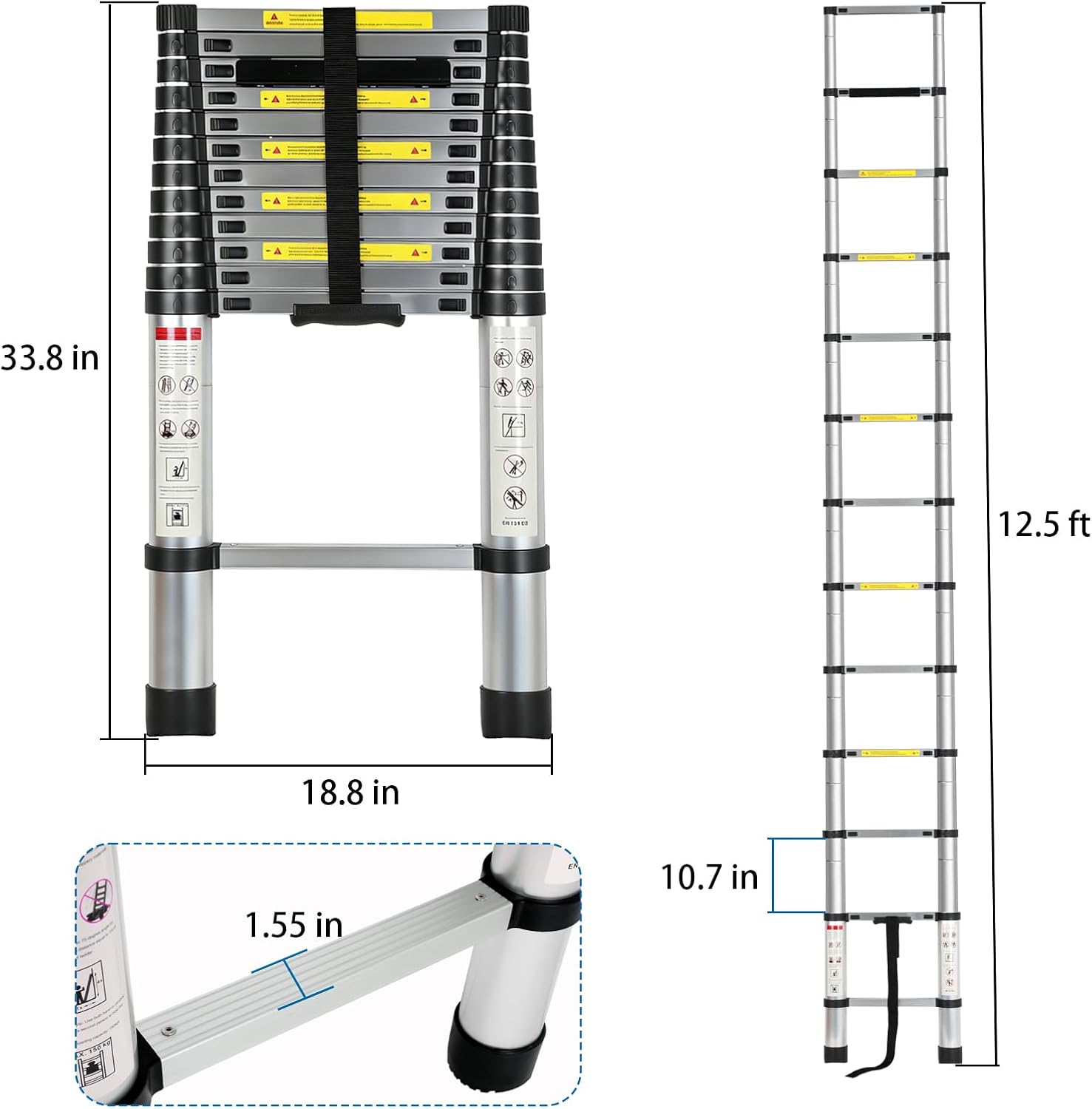 12.5FT Telescoping RV Ladder, Portable Aluminum RV Telescoping Ladder Compatible with Lippert On-The-Go Receiver, 350lbs Capacity