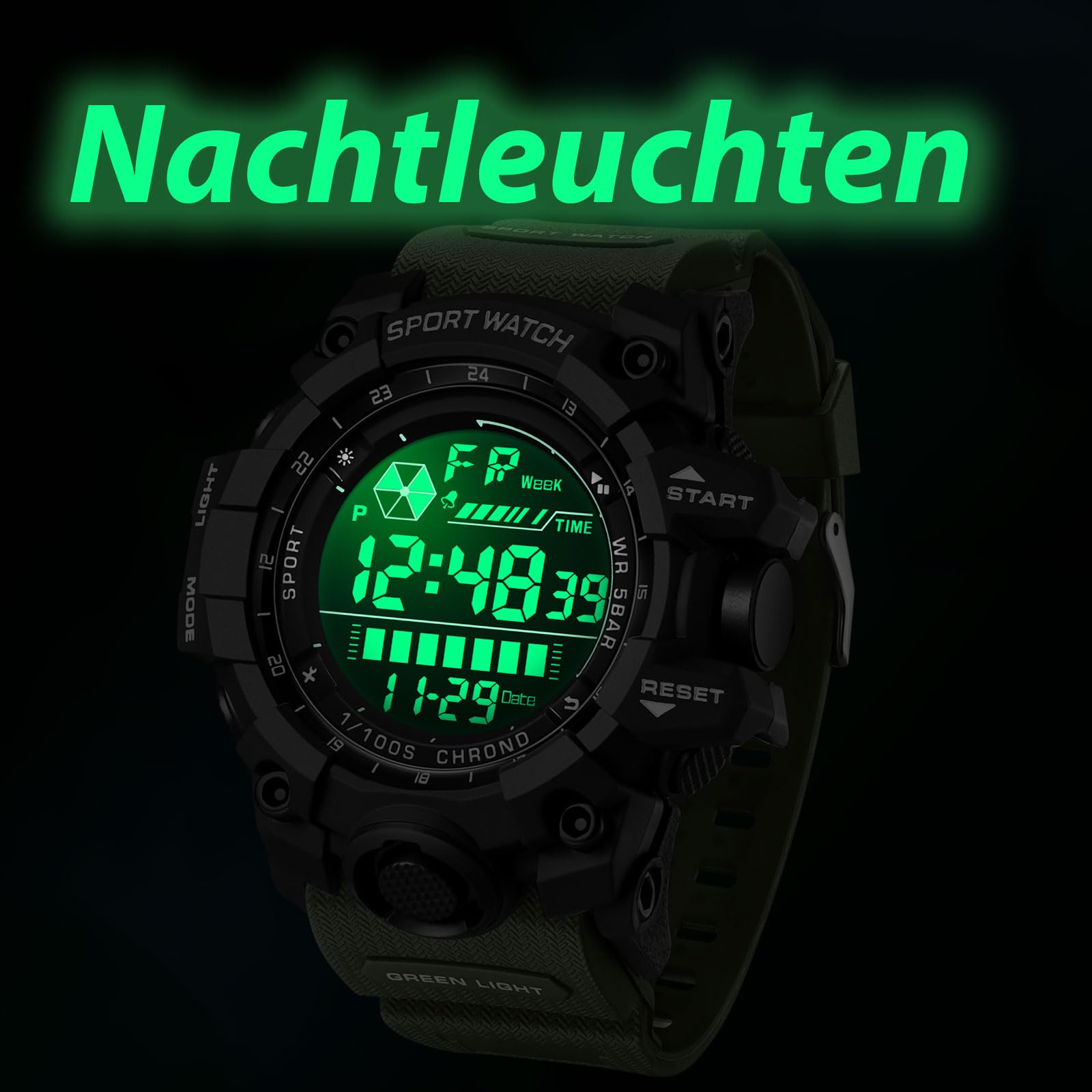 findtime Reloj de pulsera digital para hombre, resistente al agua, 5 ATM, resistente al agua, táctico, resistente con fecha, alarma, luz nocturna, resistente a los golpes