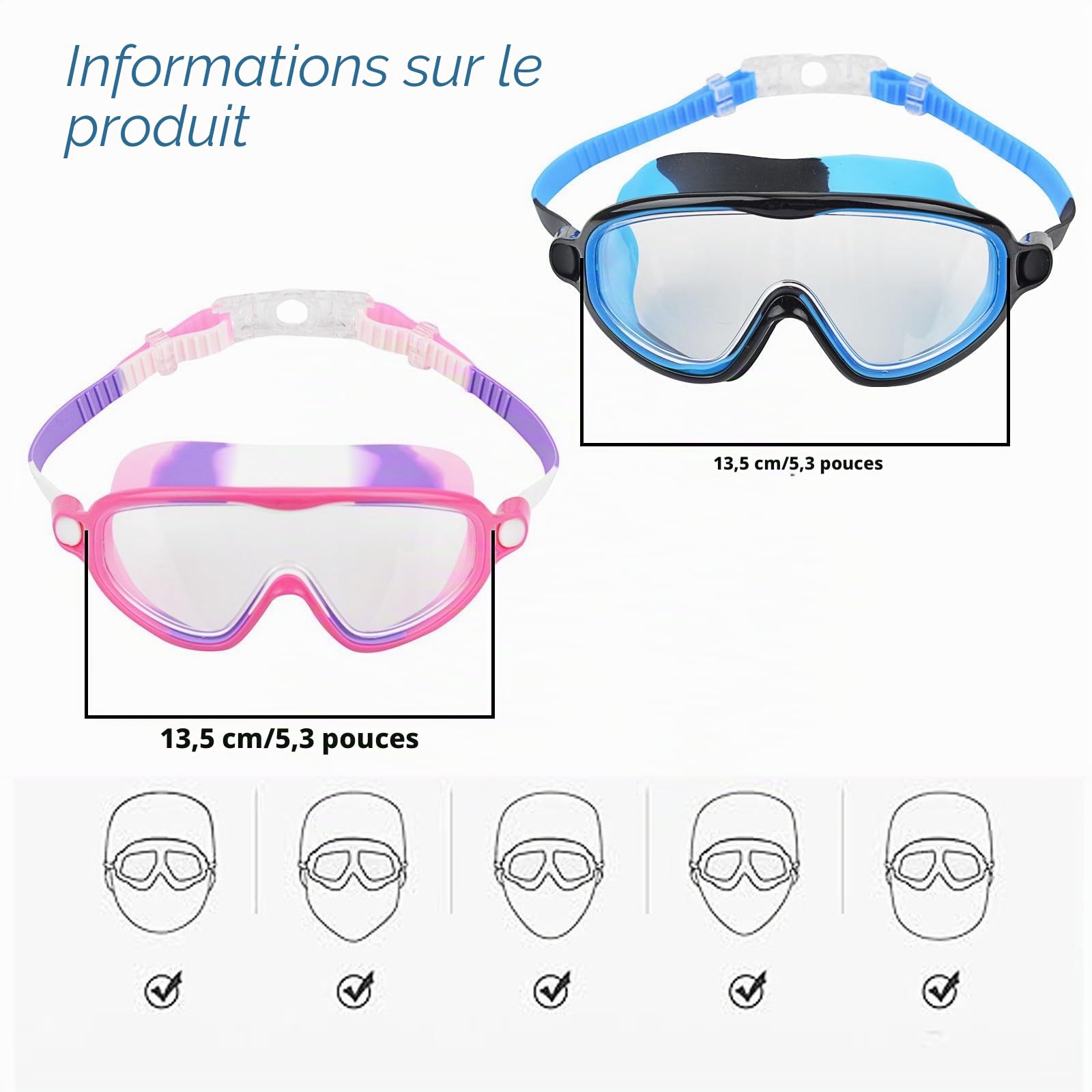 Moseem Lot de 2 paires de lunettes de natation pour enfants et adolescents de 3 à 15 ans, anti-buée, anti-UV, large vision, imperméables