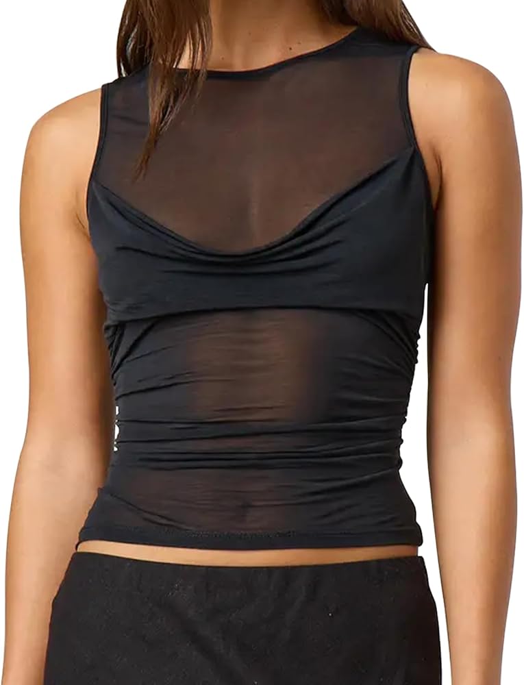 Women Sheer Mesh Tank Top Y2k Sleeveless See Through Ruched