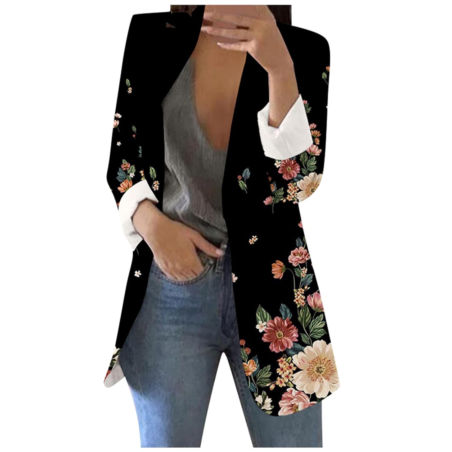 ZEFOTIM Blazers for Women Winter Plus Size Long Floral Striped Blazer Work Lightweight Fitted Coat