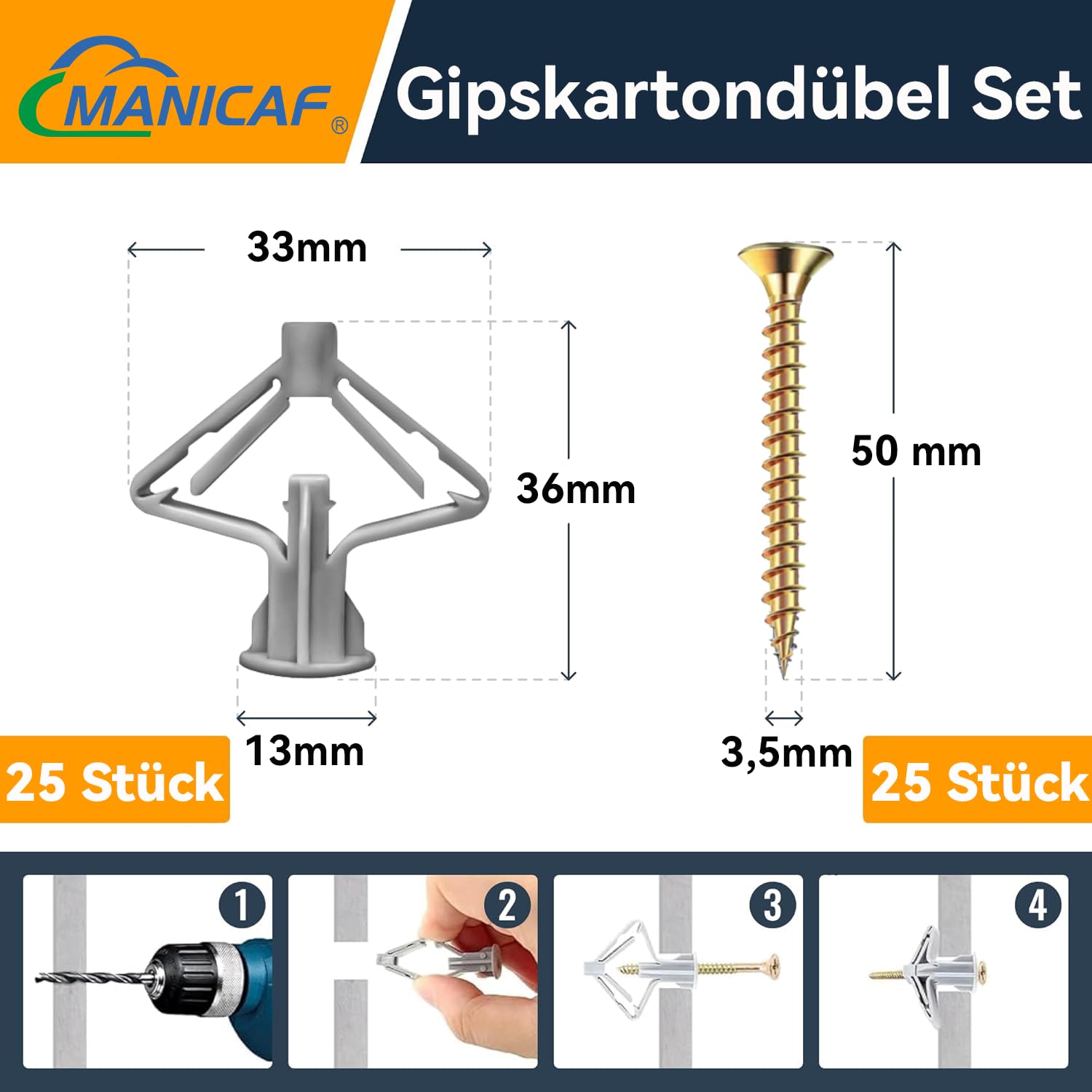 MANICAF Zestaw kołków do płyt gipsowo-kartonowych, 100 sztuk (szare, 32 mm)