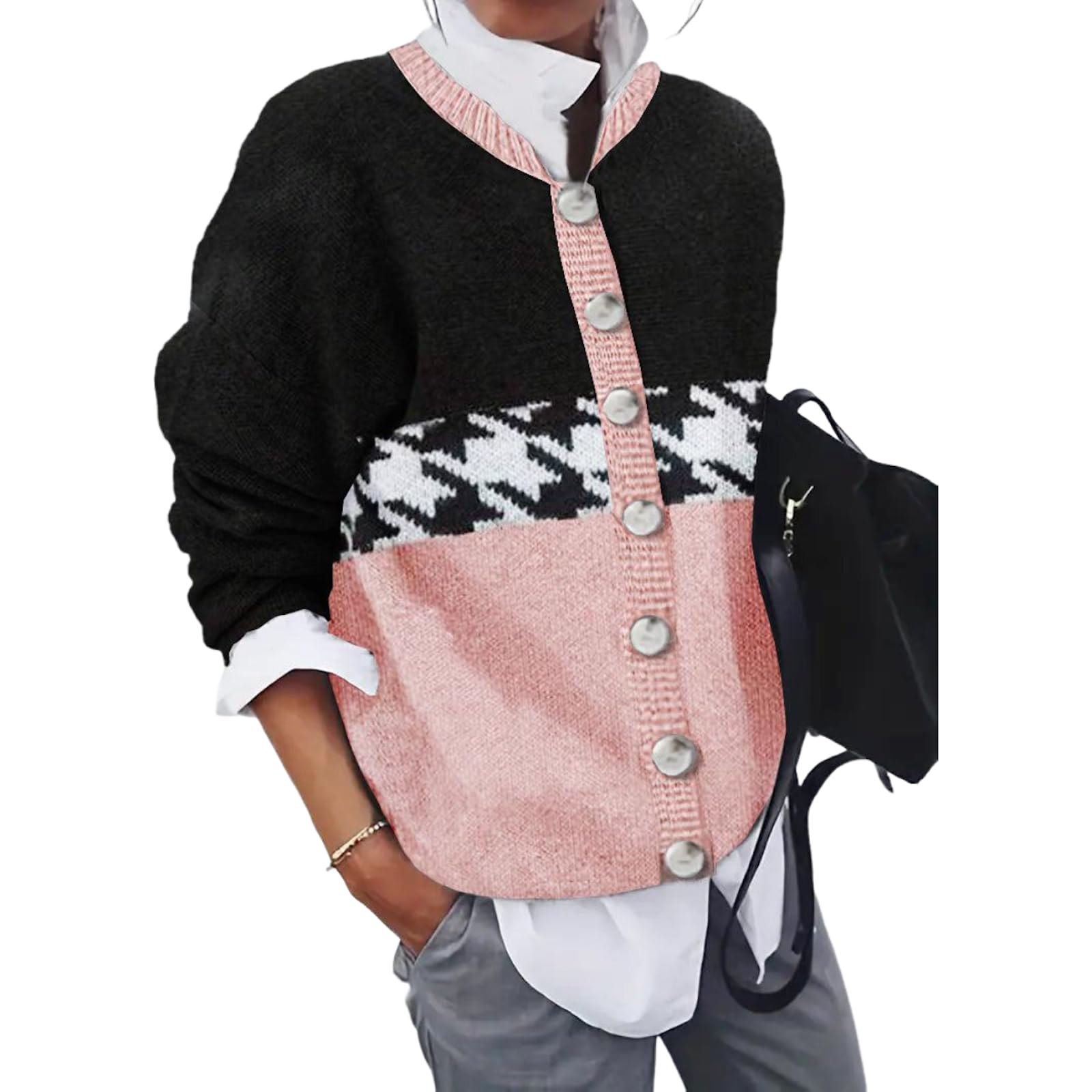Womens Knit Cardigan Houndstooth Print Long Sleeve Sweater Color Block Button Down Open Front Loose Outwear Coat