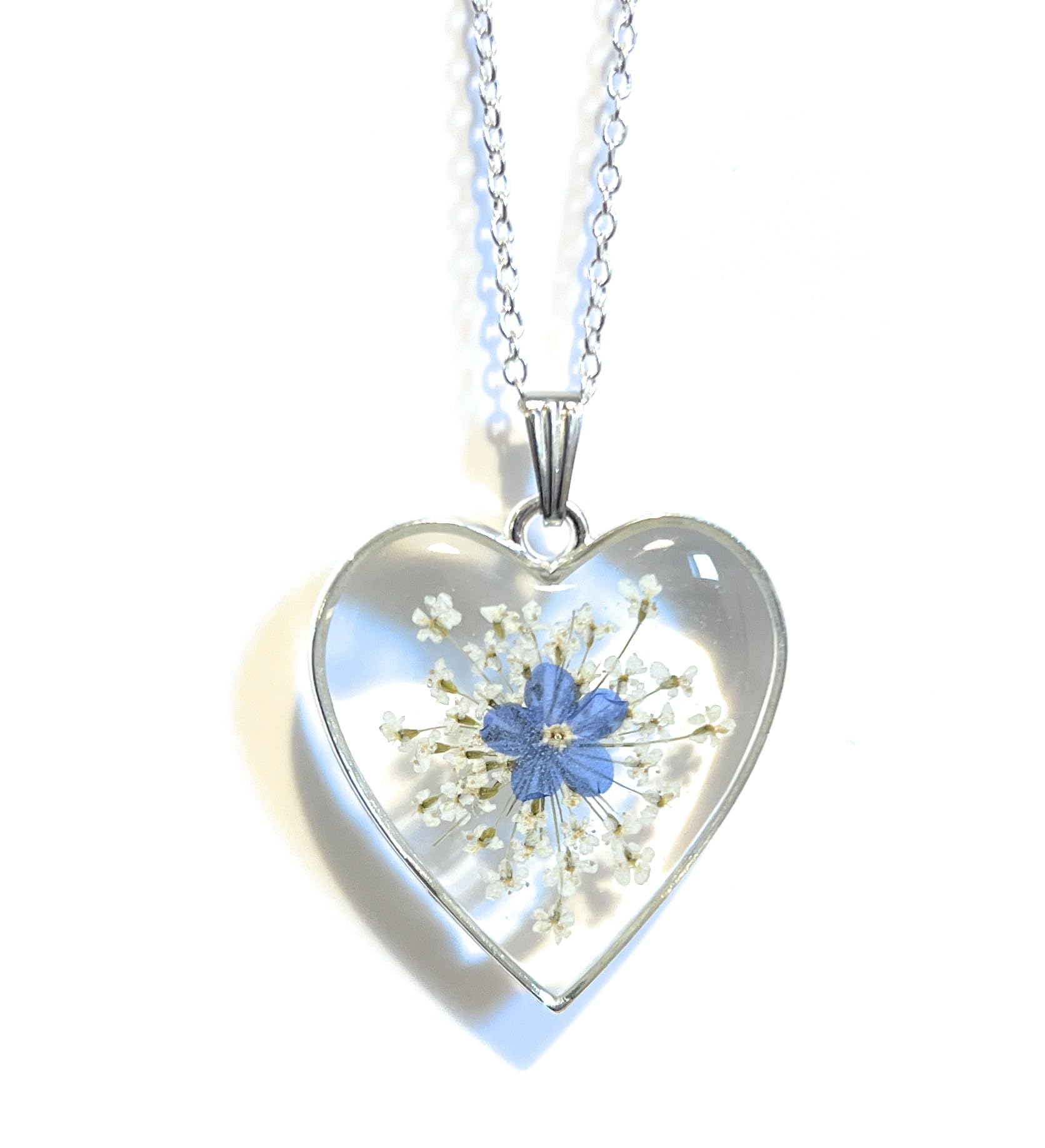 Handmade Forget Me Not and Queen Annes Lace Flower Keepsake Pendant and silver necklace. 13th Lace Anniversary gift (Silver Heart Forget Me Not Pendant)