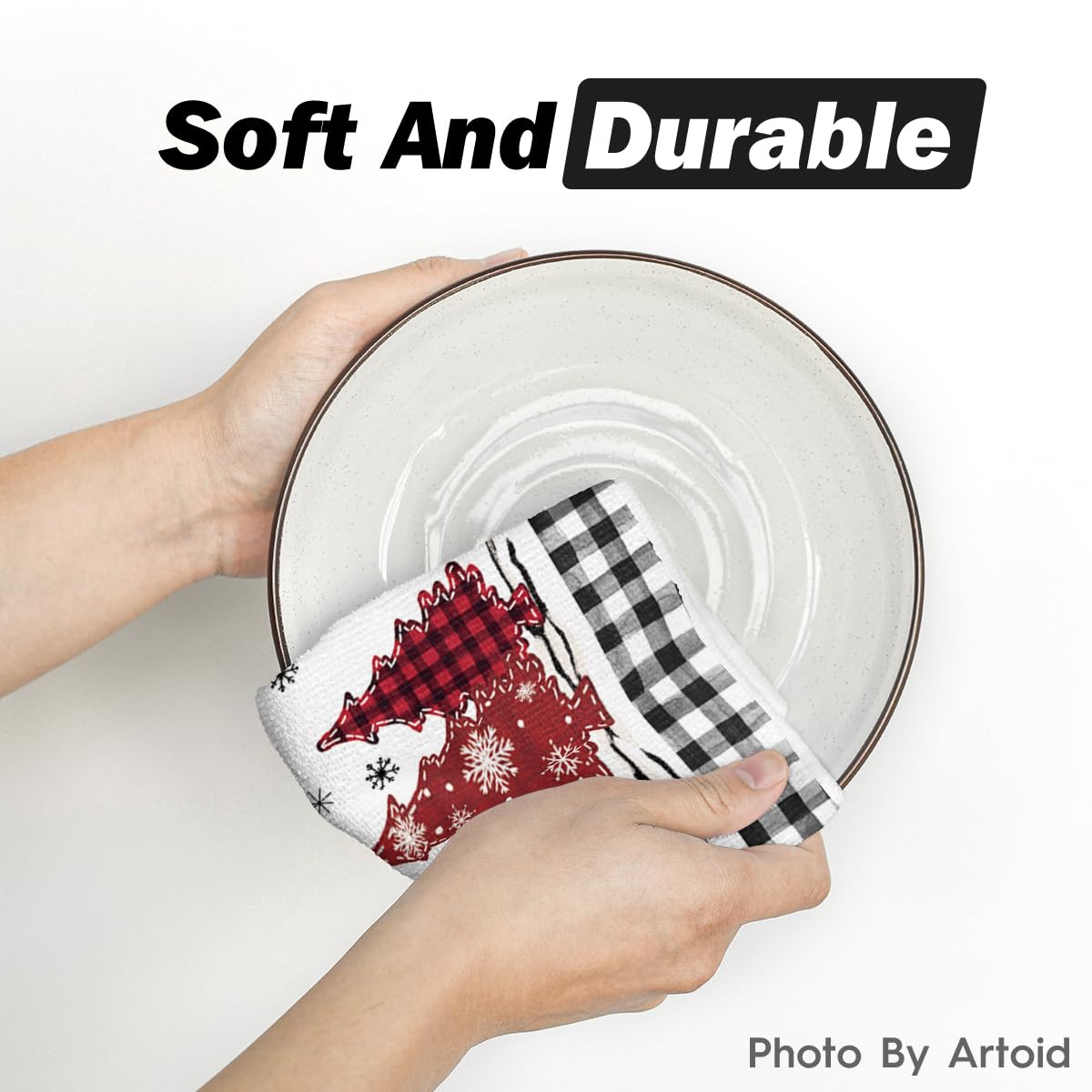 Artoid Mode Black Red Xmas Tree Snowman Christmas Kitchen Towels Dish Towels, 18x26 Inch Holiday Bird Believe Winter Decoration Hand Towels Set of 2