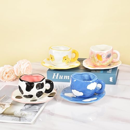Miniatura 4 de Koythin Taza de café de cerámica con platillo, bonita taza única hecha a mano para mujeres para la oficina y el hogar, apta para lavavajillas y