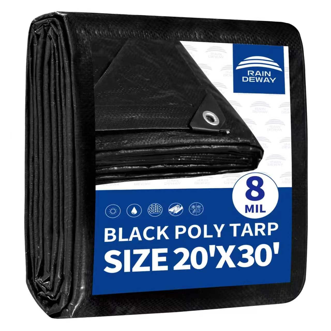 RAINDEWAY Large Black Tarp 20x30 Feet, UV Resistant, 8 Mil Multipurpose Medium Duty Waterproof Poly Tarp Cover with Metal Grommets and Reinforced Edges by RAINDEWAY — image 1