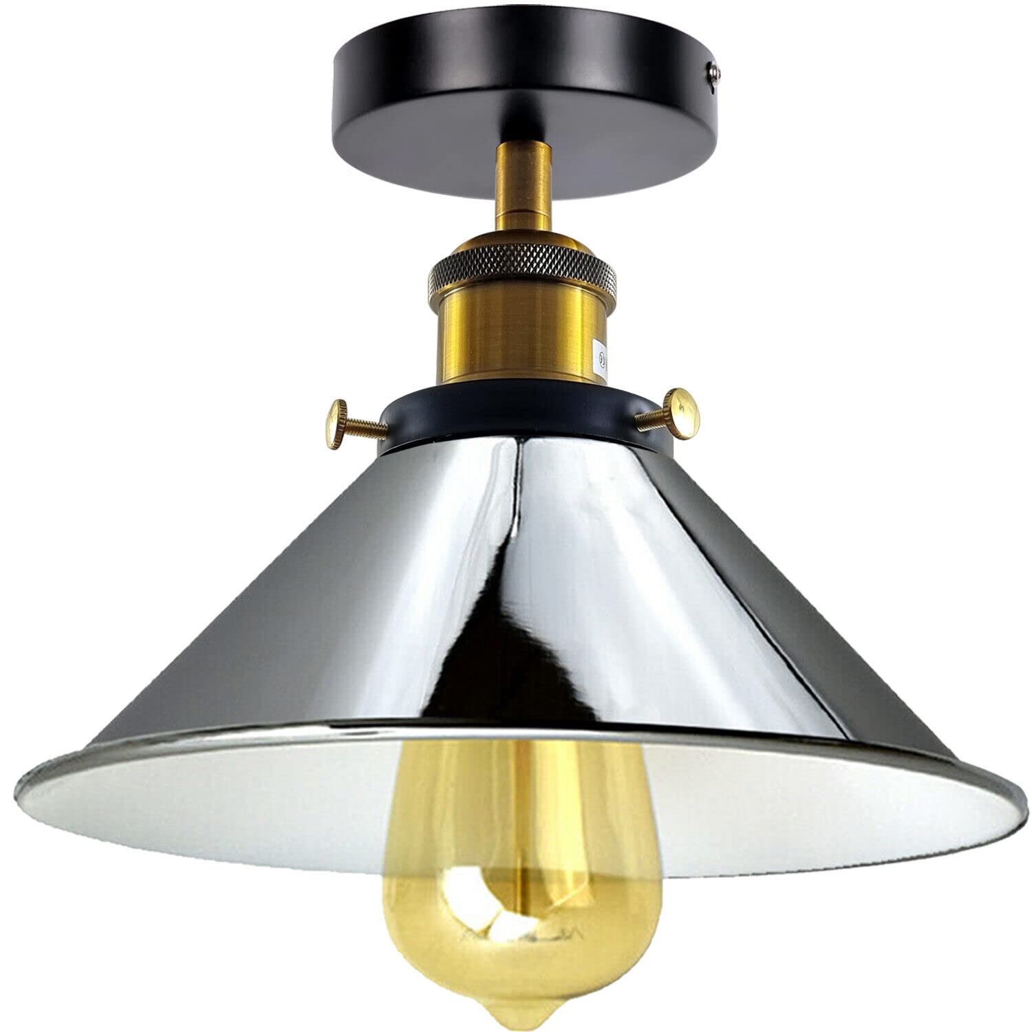 LEDSone Vintage Semi Flush Mount Ceiling Light with E27 Base 22cm Metal Chrome Cone Lamp Shade Lighting Fixtures for Farmhouse Kitchen Bedroom Livingroom with Bulb