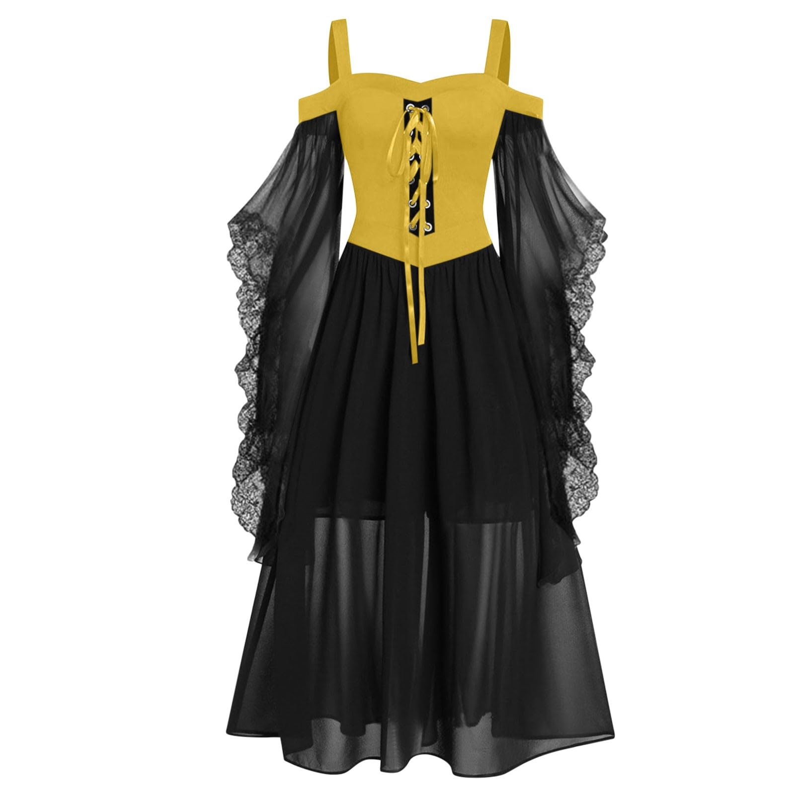 HAOLEI Halloween Dress Women Plus Size, Vintage Lace Renaissance Medieval Victorian Gothic Dress Cold Shoulder Flutter Sleeve Retro Steampunk Costume Rockabilly Goth 80s Dresses Ladies Yellow