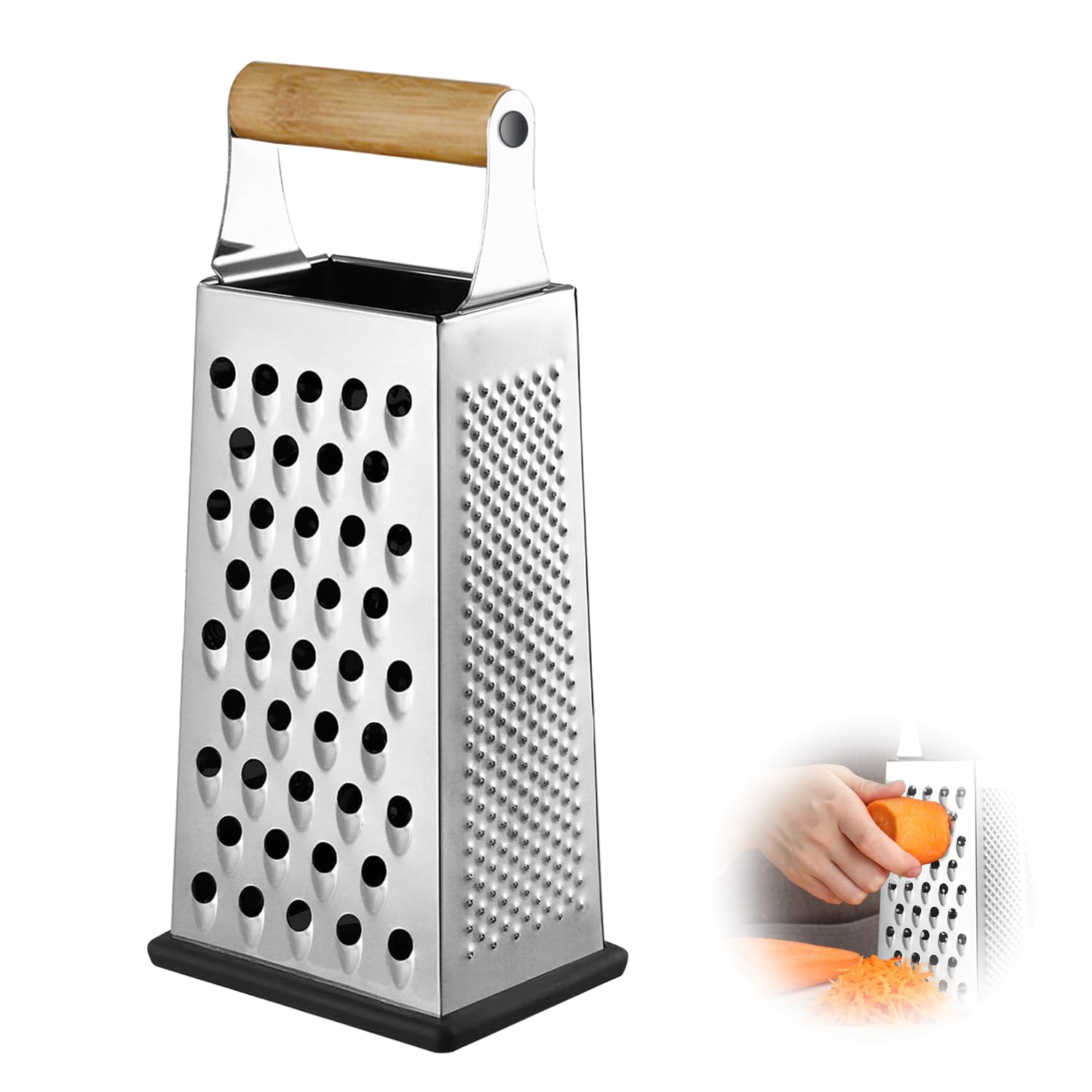 Rasp van roestvrij staal, vierkante rasp, aardappelrasp voor rauwe aardappelen, 4 raspoppervlakken, groenteschaaf, kaasrasp, antislip handgreep, vaatwasmachinebestendig (houten handvat) (zwarte