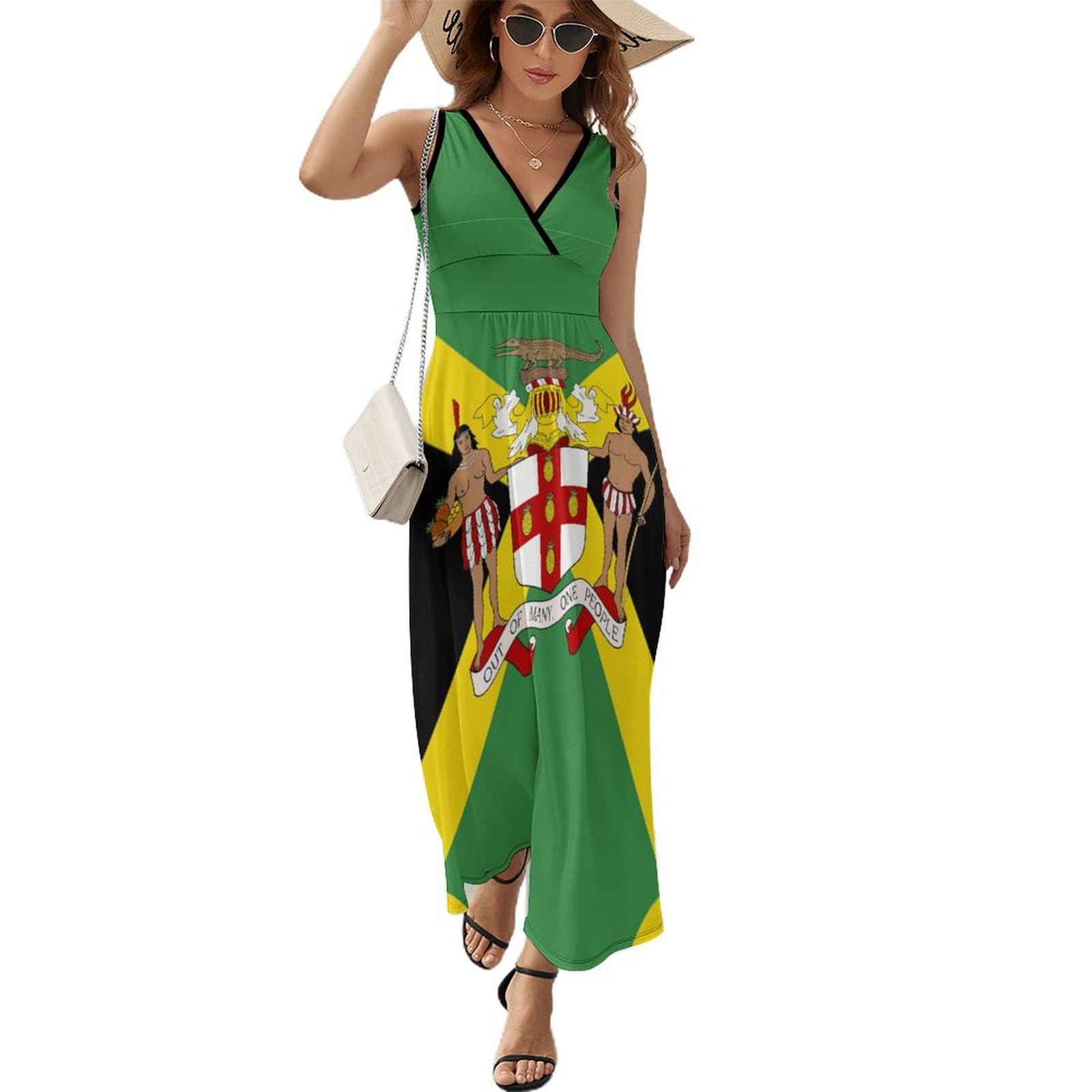 Anceky Women's As Pic Flag Of Jamaican Trendy Sleeveless Dresses For V Neck Sexy Maxi Sundresses Spring Summer