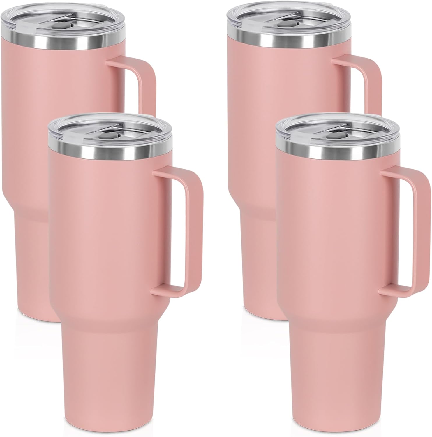 4 Pack 40 Oz Tumbler with Handle and Straw, Stainless Steel Double Wall Vacuum Insulated Cup, 40 OZ Travel Coffee Mug Bulk with Silicone Water Bottle Boot(Pink)