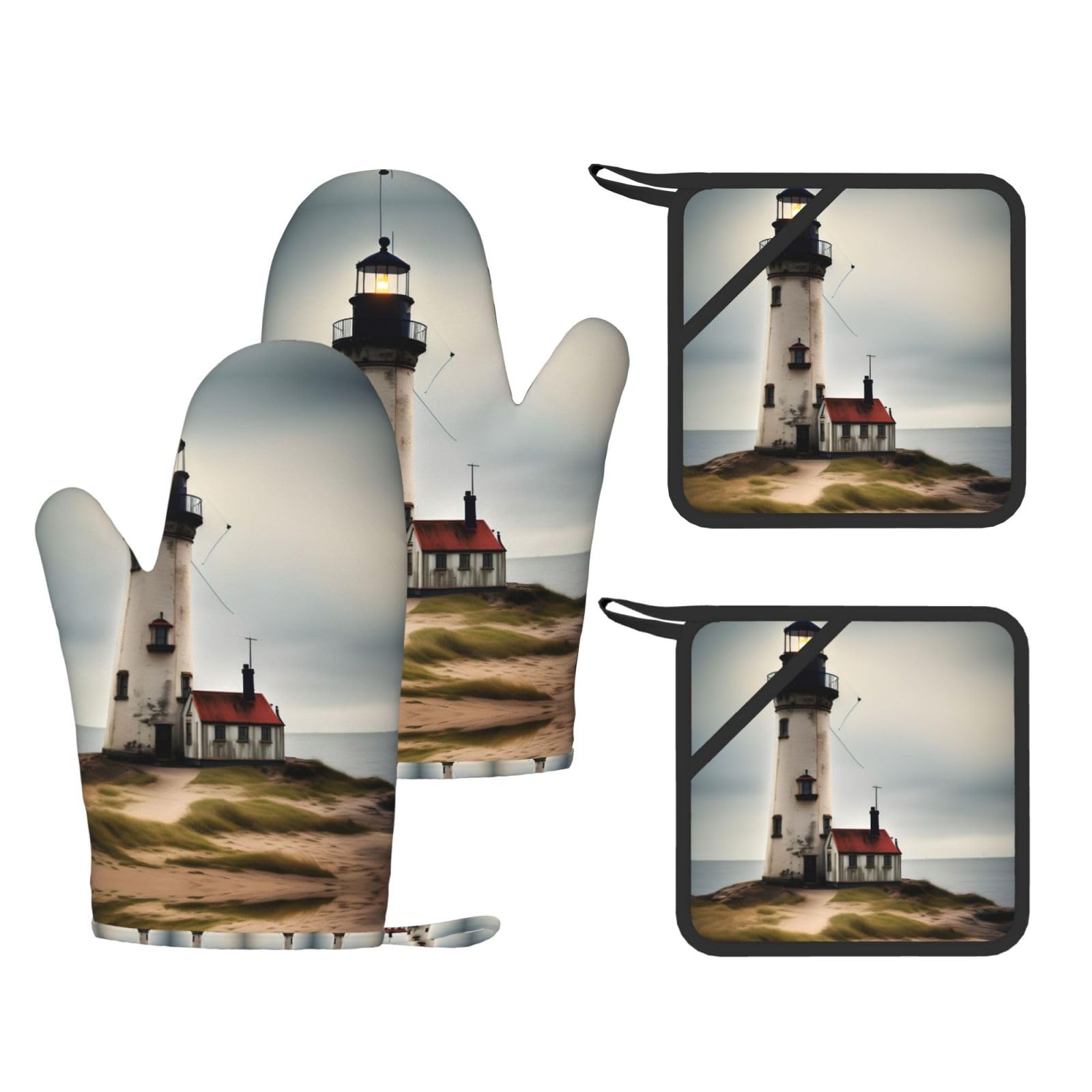 Old Lighthouse-standard-scale-2_00x Printed Kitchen Set with Heat Resistant Oven Gloves & Non-Slip Pot Holders for Daily Cooking