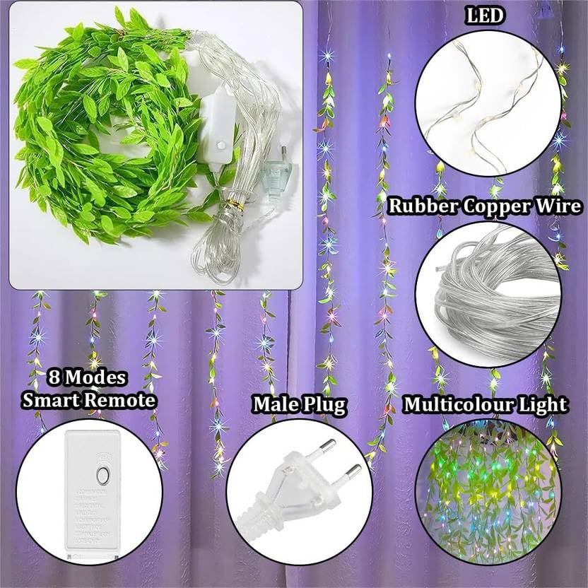 Image of MPROW Artificial Leaf Curtain Lights - 200 LED Multicolour Fairy String Lights, 3x1m, Remote Control with 8 Lighting Modes for Home, Wedding, Party, Diwali, Christmas & Festival Decoration