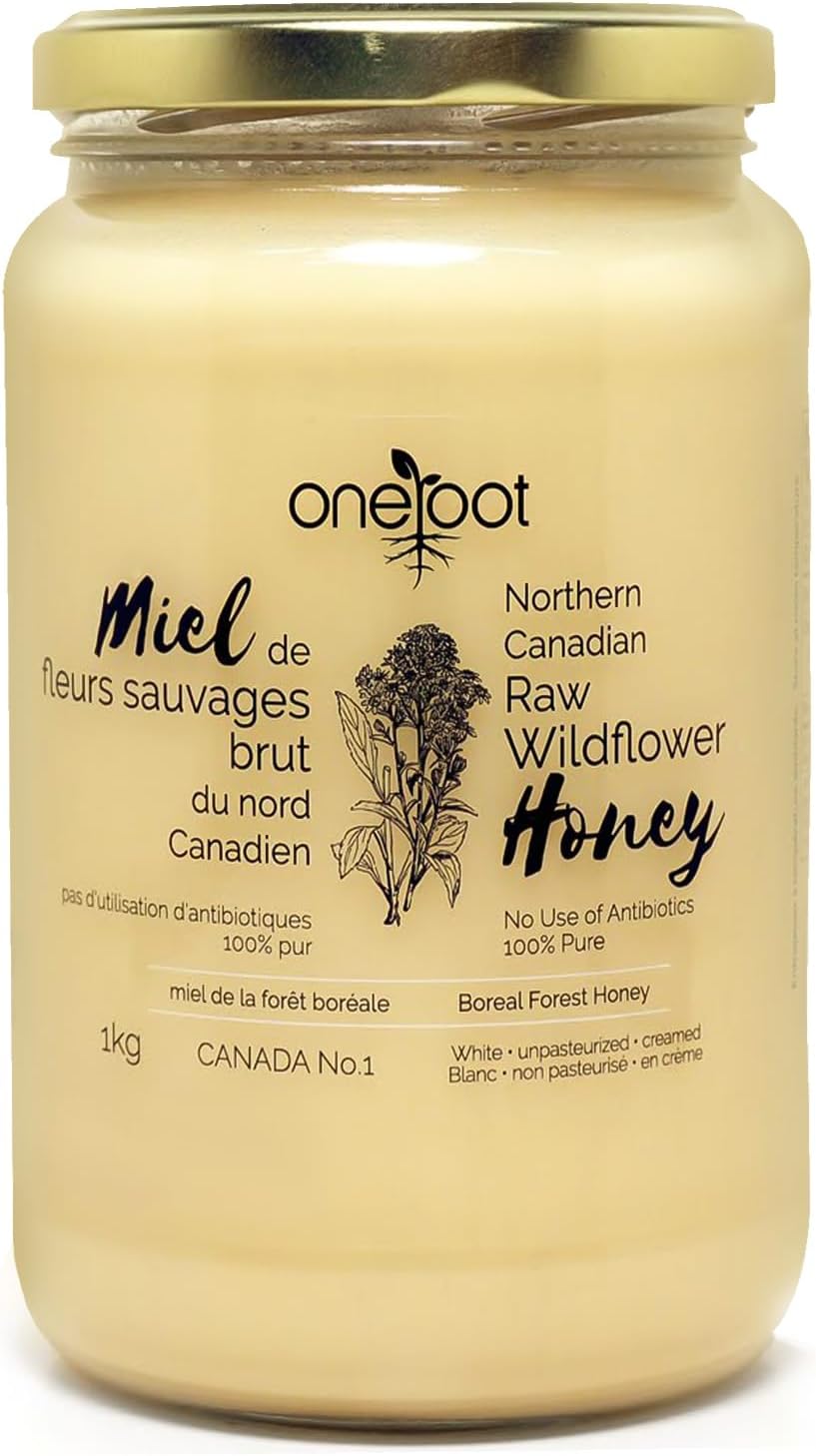 Oneroot 100% Canadian Wildflower Honey - 1kg / 2.2lbs, Unheated & Creamed - Nutrient-Rich, Natural Sweetener with Enzymes - Thick & Pure Raw Unfiltered Honey