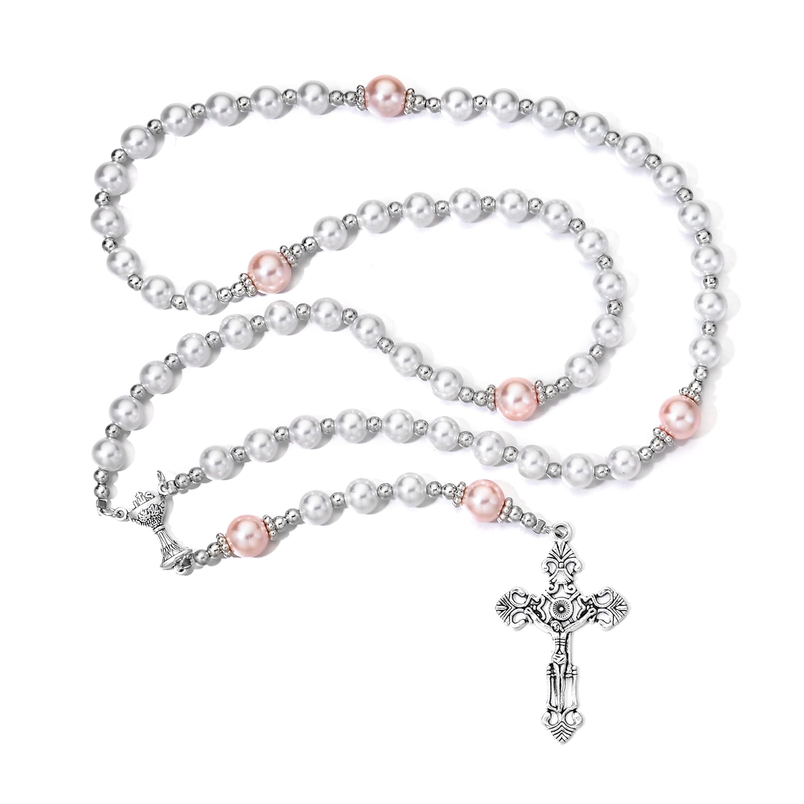 Merroyal First Communion Rosary with Glass Pearl Beads, Ornate Crucifix and Chalice Centerpiece, 18.5 Inches, Gift Box and Satin Bag Included - 4