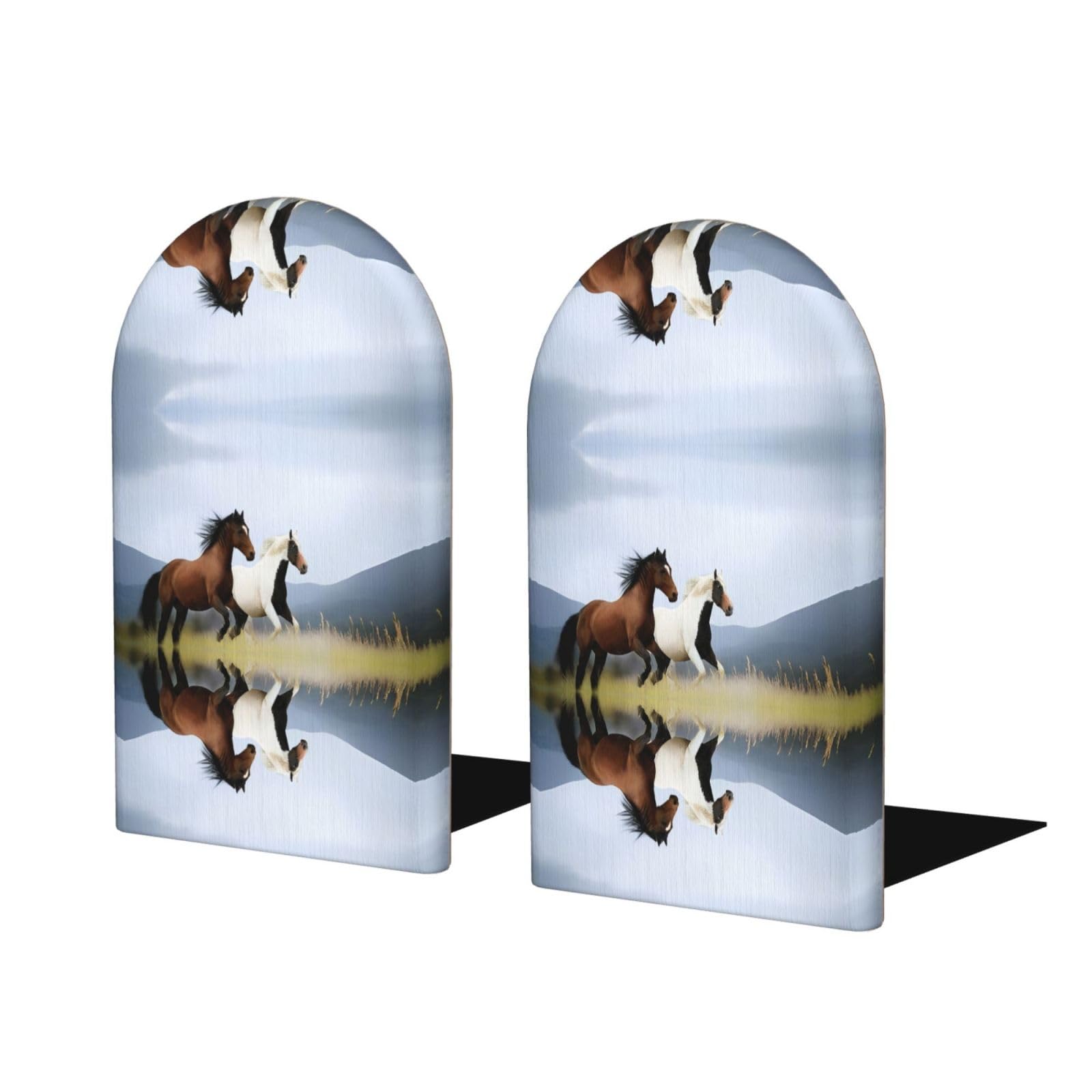 Horses Running Art Stylish Bookends with Full-Print Design Durable Wooden and Metal Bookend Set for Home, Office