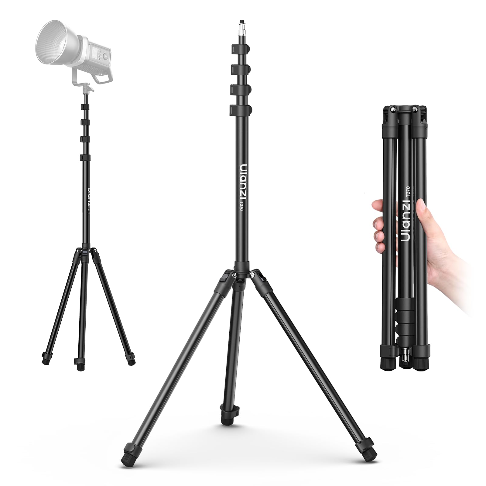 270cm Trépied de Lampe en Aluminium, Trépied Pliable et Portable, Support pour Appareil Photo et éclairage, Charge 6kg avec Vis 1/4" pour Studio, Lampes d'éclairage, Photographie Extérieure, Flash
