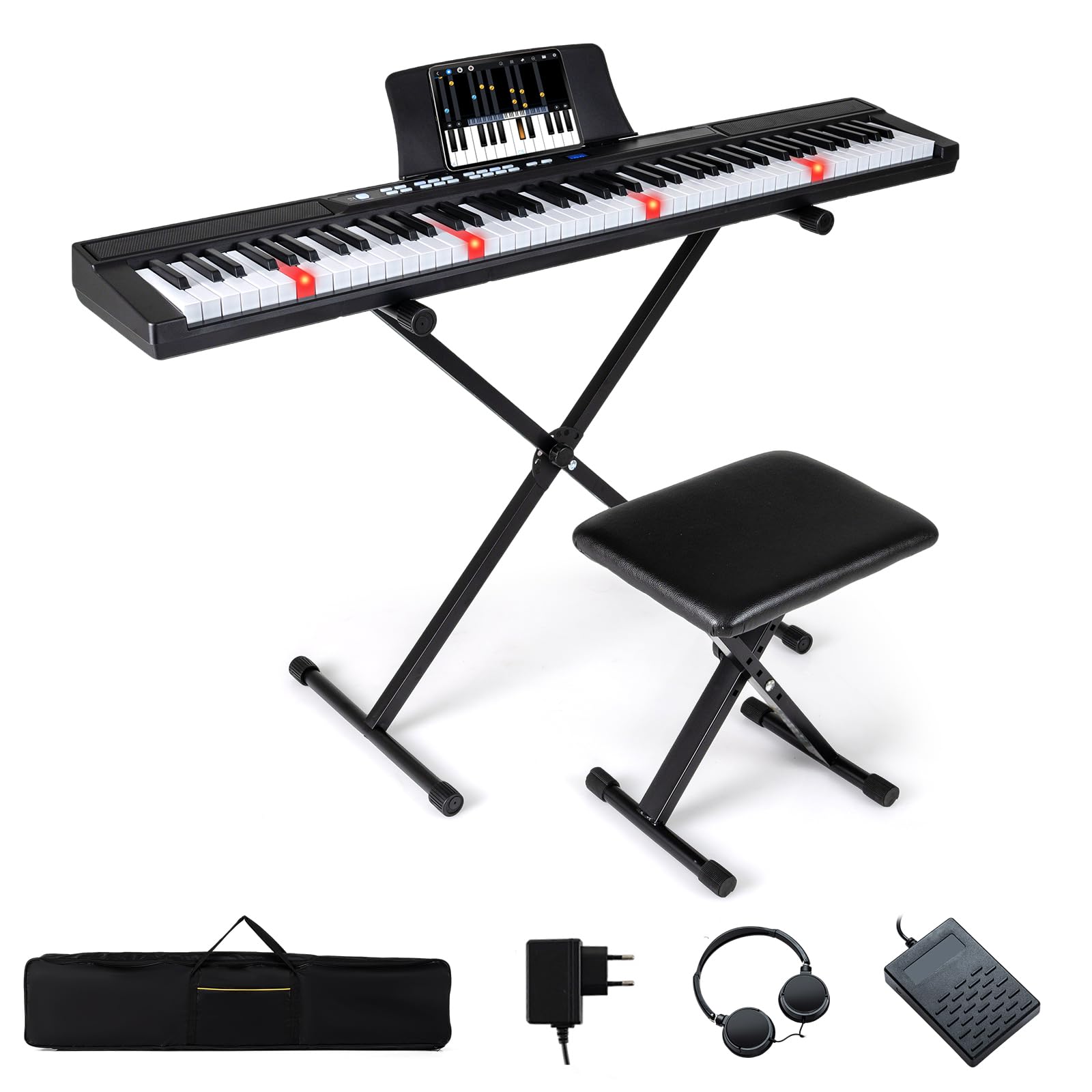COSTWAY Tastiera Pianoforte Elettrico a 88 Tasti, Piano Digitale con Supporto e Sgabello Regolabili, Tastiera Sensibile, Tasti e Pulsanti Illuminati, Funzione MIDI, Pedale di Sustain, Cuffie (Nero)