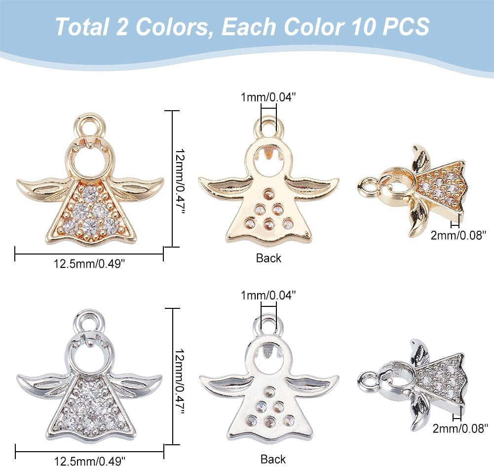 PH PandaHall 20pcs Cubic Zirconia Angel Wing Charms Golden Silver Angle Pendants with Loops Dangle Angel Pendants Christmas Angle Charms for Jewelry Making Necklace Earrings Keychains, 1mm Hole - Image 3