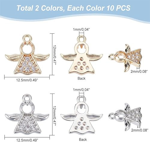 Miniatura 3 de PH PandaHall 20 dijes de ala de ángel de circonita cúbica dorada y plata con bucles, colgantes de ángel colgantes, dijes de ángulo de Navidad para
