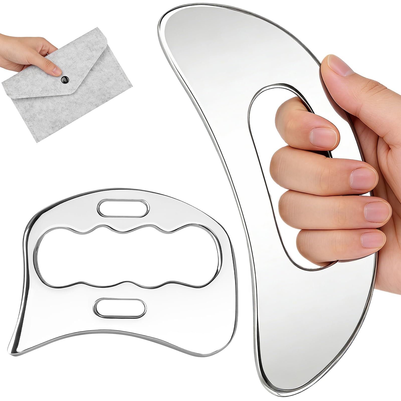 Photo 1 of 2-in-1 Stainless Steel Gua Sha Massage Tool Set, Muscle Scraper & IASTM Tools for Soft Tissue Mobilization, Myofascial Release, Body Skin Massage, Physical Therapy Sore Muscle Relief with Travel Pouch