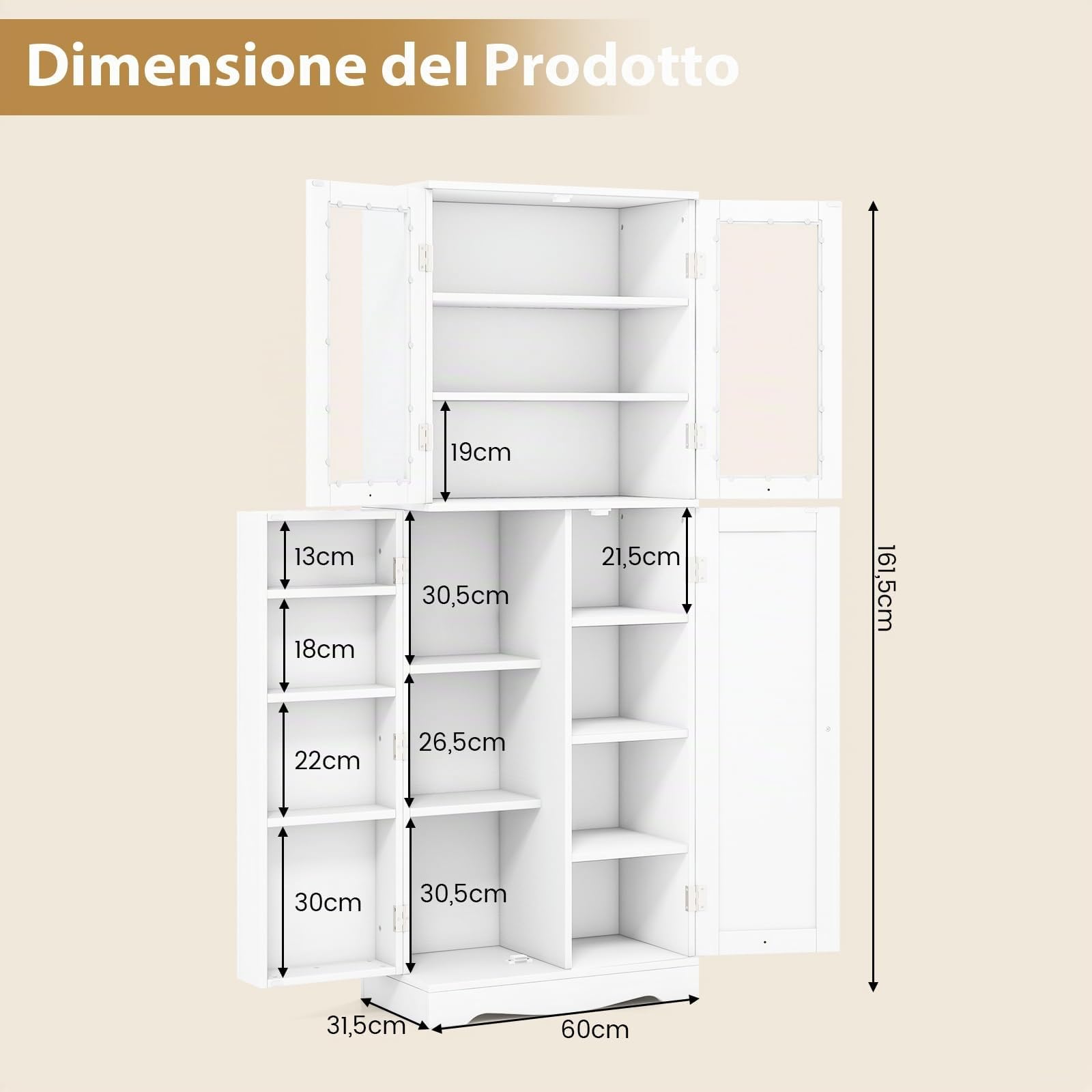 COSTWAY Credenza da Cucina, Dispensa da Cucina con Doppia Porta in Vetro Temperato, Armadio Salvaspazio con Anta Profonda a 14 Ripiani, per Soggiorno, Sala da Pranzo e Bagno, 60 x 32 x 161cm (Bianco)