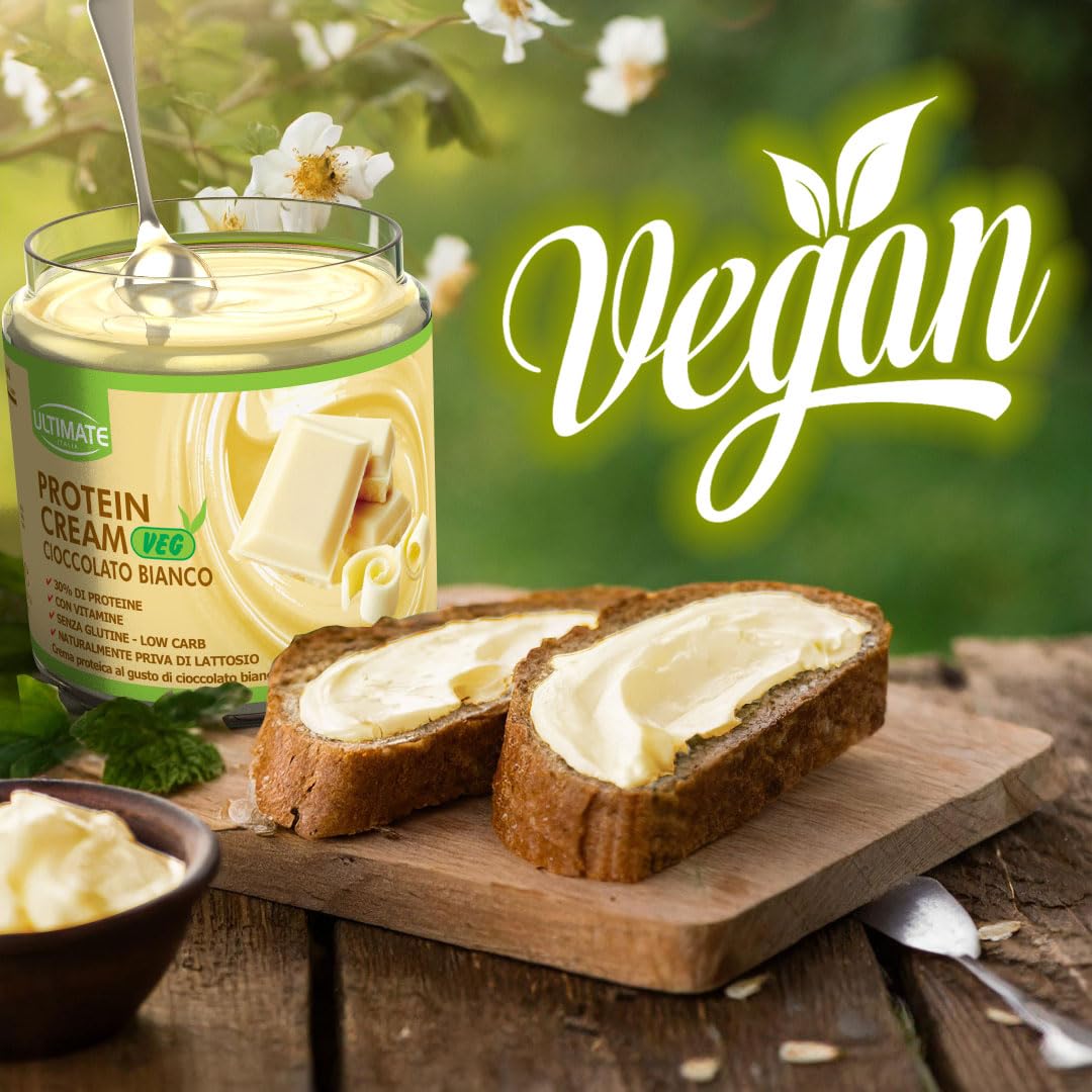 Ultimate Italia - Crema proteica al 30% spalmabile, senza zuccheri - 250g - gusto cioccolato bianco - senza lattosio e glutine - 100% vegetale - poche calorie, con vitamine