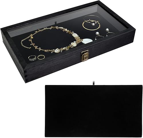 MOOCA Caja de exhibición de joyería de madera tapa superior de vidrio templado vitrina de piedras preciosas caja de almacenamiento de accesorios de