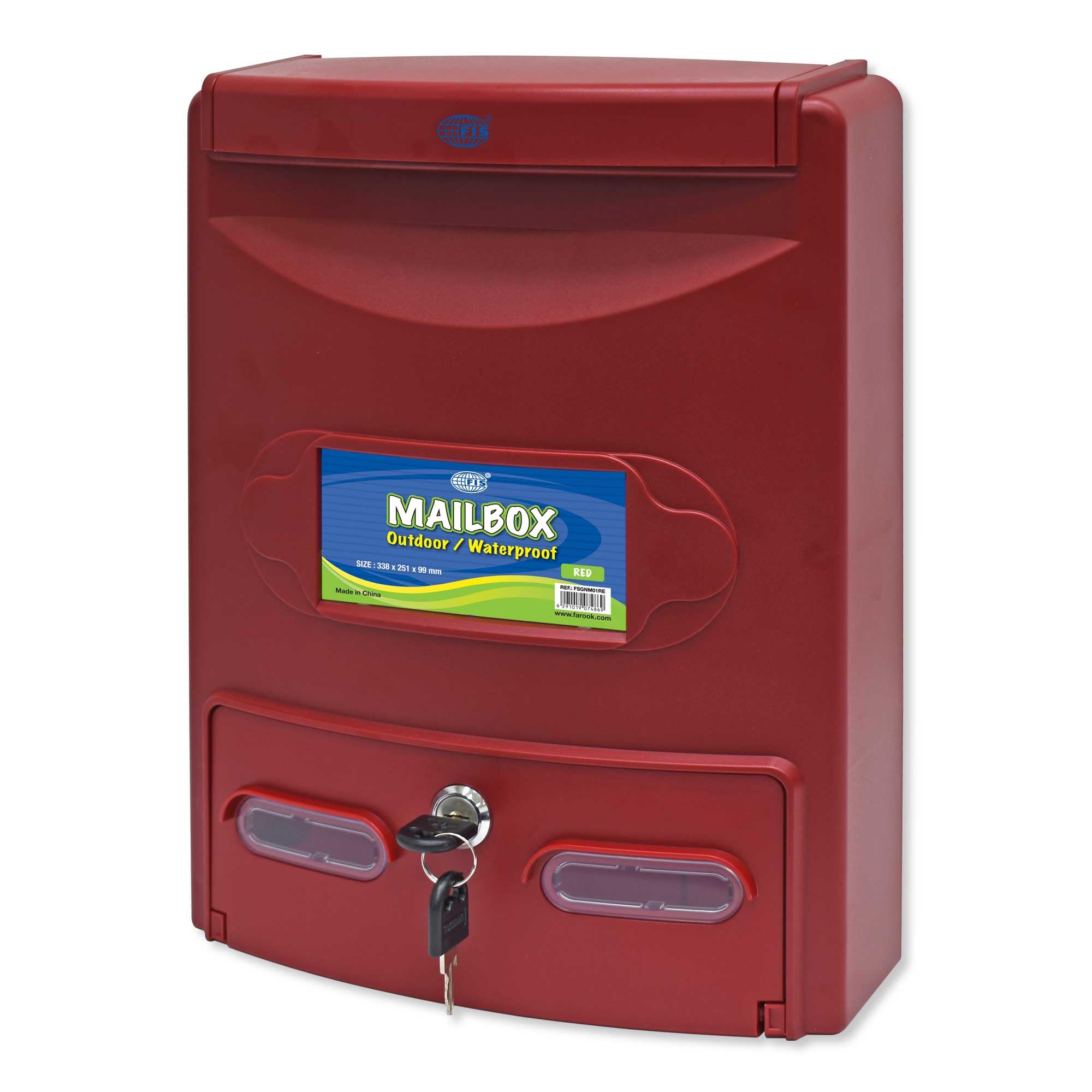 FIS Outdoor Water-Proof Mail Box, Color Red, Size 338 x 251 x 99 mm - FSGNM01RE