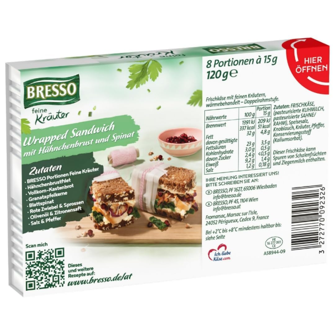 Bresso Portionen Feine Kräuter Käse Kräuterkäse Köstlicher Frischkäse 120 gramm X 4 STÜCK [Frischegarantie]